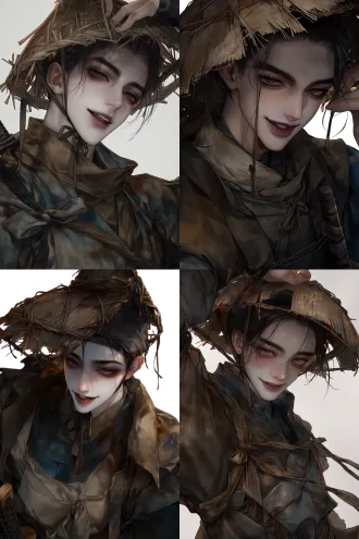 handsome young male wuxia wanderer, charming street-smart young swordsman, lively expressive eyes, slightly raised eyebrows, a sly playful smile, clever and mischievous expression with genuine kindness beneath, wearing a battered old chinese straw rain hat, worn frayed brim, uneven weathered straw weaving, a few loose strands of black hair escaping beneath the hat, casual and slightly shabby ancient chinese martial arts clothing, faded earthy brown and muted blue-gray layered robes, loosely tied cloth belt, worn fabric, practical travel clothes, a sword in a simple scabbard at his waist, relaxed unrestrained posture, roguish charm, warm-hearted jianghu drifter, clever market-street personality, looks like a cheeky young man who knows every trick in the marketplace but would secretly help a stranger in trouble, ancient chinese rivers and lakes atmosphere, expressive character design, beautiful refined male facial features, loose flowing fabric, lively gesture, bold dynamic composition, cinematic natural lighting, painterly anime illustration, detailed linework, sophisticated color palette, masterpiece, high quality character concept art semi-realistic illustration, painterly style, thick brush strokes, soft shadows, warm color grading, low saturation, moody lighting, subtle textures, cinematic portrait,soft matte texture