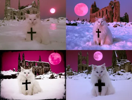一只纯白色长毛挪威森林猫，独自端坐在厚厚的雪地里，英挺的三角脸，紫色眼瞳，正面冷冷地直视镜头，神情高冷、忧郁、疏离，胸前佩戴醒目的大黑色十字架。猫的右后方近处是一座宏大的废弃哥特式大教堂，屋顶坍塌、尖塔残缺、窗户破碎，风化石墙与散落废墟覆盖厚雪。夜晚，干净的深玫红天空，巨大而诡异的纯荧光玫红月亮，表面均匀光滑，粉光映在积雪与白猫毛发边缘。真实猫咪、真实建筑、松软厚雪，仿佛偶然拍到的超现实梦境，寂静、孤独、诡异。苹果5s低光夜拍，微弱直闪，低像素，轻微失焦，柔糊轮廓，暗部噪点，旧照片压缩质感，4:3横构图