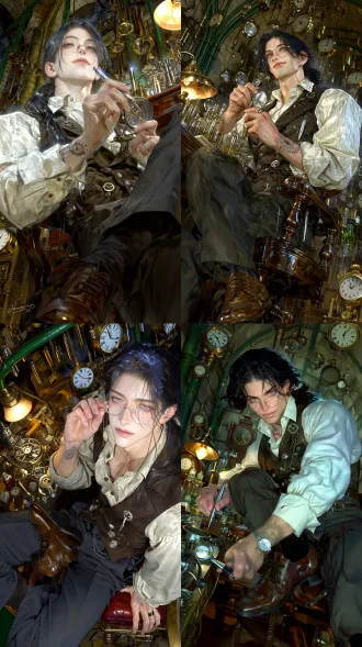 男生，28岁，全景，全身照/半身照，平视，动感镜头构图，极端正面视角，完美流畅对称完整面部轮廓，看着镜头，帅气，成年男性立体深邃硬朗骨相， 雕塑轮廓，冷调皮肤，皮肤纹理真实微颗粒，鼻梁高挺，深邃五官，下颌线锐利如刃，发丝根根分明， 深黑中长发低马尾，碎发黏额角，冷白皮，颧骨分明，挺鼻，薄唇抿紧唇角旧裂口，灰蓝瞳如冻湖，左手腕银怀表纹身停3:47，右食指拇指镊子茧，身形修长偏瘦，锁骨清晰。场景：伦敦地下古董工坊，石墙铜绿管道，拱顶悬挂数十座古董钟摆不同节奏滴答，工作台拆解怀表机芯放大镜镊子机油瓶，角落落地钟暖黄光齿轮咬合，黄铜台灯云母片琥珀光，钟表机油旧羊皮纸陈年皮革气息。氛围：时间凝固密闭空间，暖金主调暗铜绿深木冷灰蓝，安静窒息精密机械微观生命力，偏执执拗。穿搭：米白亚麻立领衬衫褶皱装饰银钢笔，深棕粗花呢三件套马甲丝质背六银扣齿轮胸针，银怀表链开表器，深灰羊毛西装裤翻折裤脚，棕色系带牛津鞋抛光磨损，细金丝圆框眼镜。动作：坐工作台高背椅前倾，右眼单目放大镜观察怀表机芯，左手托机芯底座，右手精密镊子夹微型齿轮；头缓抬，放大镜移开，颧骨浅红印记，目光平静看镜头。cg细节：放大镜色散光晕，机芯游丝擒纵轮结构，粗花呢绒毛编织纹理，指甲金属碎屑，黄铜灯罩氧化包浆，机油瓶液面光折射，背景钟摆动态. 帅气暗黑学院，维多利亚×暗黑童话，古董金属暖琥珀光。 半厚涂写实风格，高级cg渲染，胶片质地，浅景深，帅气，最高质量，电影级构图，最高质量，8k.