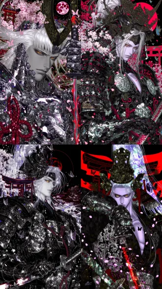 realistic thick cg, male character with delicate facial features, pale white skin, amber golden eyes, a cold and sharp demeanor, silver white high ponytail hair, hair strands flying, black gold ornate hair crown, black background with gold-plated japanese style samurai armor, armor adorned with exquisite silver engravings, red rope decorations, a wide kimono robe, metal gauntlets, a katana with a red glow effect in hand, cherry blossom petals falling from the sky, butterfly silhouettes in the air, japanese red torii gate, a large red moon in the background, blooming cherry blossom trees, ancient chinese style night scene, red moon with backlighting, red and black as the main color scheme, strong contrast between light and dark, floating star particle effects, ink wash texture.