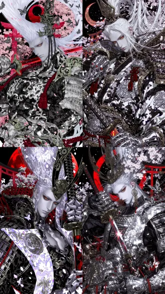 realistic thick cg, male character with delicate facial features, pale white skin, amber golden eyes, a cold and sharp demeanor, silver white high ponytail hair, hair strands flying, black gold ornate hair crown, black background with gold-plated japanese style samurai armor, armor adorned with exquisite silver engravings, red rope decorations, a wide kimono robe, metal gauntlets, a katana with a red glow effect in hand, cherry blossom petals falling from the sky, butterfly silhouettes in the air, japanese red torii gate, a large red moon in the background, blooming cherry blossom trees, ancient chinese style night scene, red moon with backlighting, red and black as the main color scheme, strong contrast between light and dark, floating star particle effects, ink wash texture.