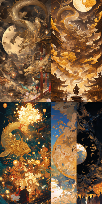 鎏金鱼龙灯分割画面，左侧元宵盛景烈火烹彩，右侧墨色深渊，s形构图，画中画结构，玉壶明月嵌套沙场记忆，雕车珠帘浮现官场暗影，鱼灯屏风龙鳞战场浮雕，辛弃疾剪影与女子对角线呼应，衣袂染星火，前景辛夷花藏断戟，朱砂泥金孔雀蓝饱和色块，月白银灰破碎笔触，黄金枷锁烟花，骷髅头珠钗，北伐地图铁水，三重曝光流光战场官场，16:9宽画幅，高细节，历史厚重感，诗意美学