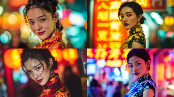 "美丽的中国女模特，优雅站姿，传统旗袍，精致妆容，柔和微笑，城市夜景背景，霓虹灯光，长焦镜头，浅景深，高清晰度，冷暖色调对比，动态光影，时尚感，自信气质，现代与传统融合，微风吹拂发丝，明亮眼神，细腻肤质，黄金比例构图。"