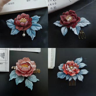 非遗绒花发梳，中心构图，哑光纯黑背景，柔和侧光，浅景深，渐变水红重瓣牡丹，淡青绒面叶片，明黄花蕊，珍珠坠饰，黄铜胸针，细腻毛绒肌理，写实产品摄影，8k高清，柔和阴影，中式婚礼氛围感