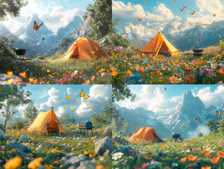 一个橘黄色帐篷和烧烤架在丛林草地上，草地旁边开着许多五颜六色的小花还有蝴蝶飞舞，虚拟引擎渲染级生物细节，绿色梦境般电影感的色彩，4k清晰度
