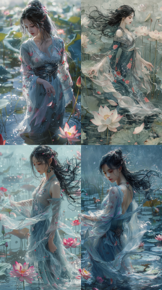 中古风 ，可爱美丽的女子，蓝白色长袍配粉色色花纹，长发飘逸，在莲花池中翩翩起舞，分层渲染技术，水墨风线条粒子特效，游戏cg级质感，富有动态感的全身像
