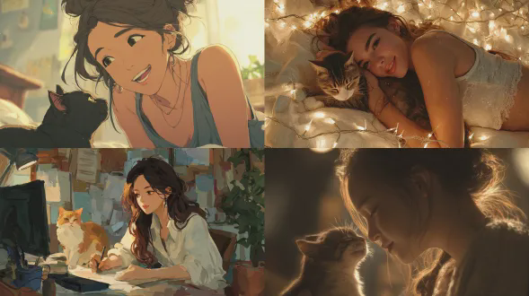 work、beautiful woman、cat、cute、happy、soft lights