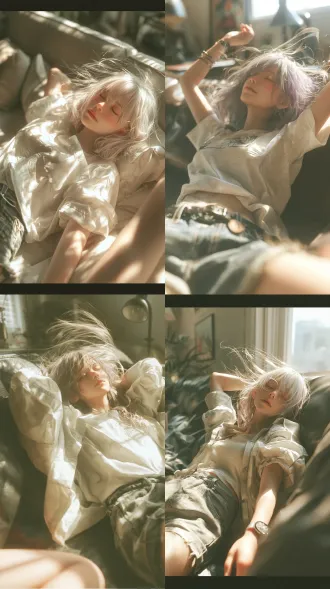 one girl,purple hair, white shirt, short jeans, comic style, lying on the sofa, lazily,afternoon glorious,zoneless zone zero style, mihoyo style,wind blow her hair, lightly move
