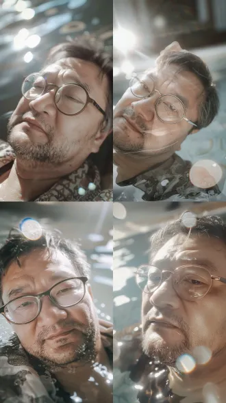 四十多岁戴黑圆框眼镜的男士，趴在泳池边，水面光斑柔焦，保留原图蓝调光影质感，替换成我上传的人脸，后面接上你那串