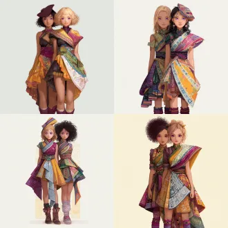 请根据原作参考画与文字描述，生成一张偏写实画风图片，图片中有两位金发紫瞳美少女，画面总体色调鲜艳明亮，她们所有人发色都是金黄秀发，眼色都是紫色瞳孔，她们脸型分别为瓜子脸、方形脸，她们发型分别为妹妹头、长卷发，她们眼睛硕大纯净，眼神明亮，五官纤细，她们肤色分别是金黄色、浅棕色，她们保留了安第斯原住民的五官、气质、发型、眼神，显得唯美温柔清秀，元气活泼，阳光可爱，她们中没有任何除安第斯原住民之外的人种存在，她们穿戴着如文字描述所示华丽复杂之百褶连衣短裙与裙子纹理变幻而来的过膝丝袜及裙子形状变幻而来的奇形怪状帽子，画面中不得存在任何其他人物，背景也不能为单色块构图，背景中存在美食变化而成之建筑，裙子皆显奇异古怪构造，女孩们为全身造型构图，她们完整地露出全身像身姿，从女孩子头顶一直表现到女孩子腿脚及脚底鞋子。原文：一件如小礼帽般之小裙子，裙顶为一艘紫绿色、青黄色、白蓝色三角形尖顶塔状舟船，这艘三角形尖顶塔状舟船，有着岩浆角法杖状舷首，蘑菇雁塔态左艏舷，附魔渔网态右艏舷，水渠桥塔状左正横，浮空岛链状右正横，左艉舷呈辐射投石索形，右艉舷呈天体星环形，舟船艇尾有着泥头巫师塔形状；裙身呈现出辐射卷筒状针头锤载具形状，这辆针头锤载具，外貌上拥有紫红色三角锥梯形车顶，绿色回心卷筒、红色环状卷轴、青色卷拉玉盘形状交错平行应运而成之车身，后车厢有着藕合腾林型差分齿轮堆形态，驾驶室形状为一种青蓝色、紫蓝色、红绿色七星锁四角链形制针头锤，车体车轮形状为铁锤轮刑架与堡礁凉亭角交叉缠绕之形态，裙摆则是为木黄色、晶蓝色、水绿色木管乐器交叉曲环形状构造，帽围左侧，中测，右侧，分别为一只星星状管号角，栅栏吹箭状长笛，切分棚架态三角排箫；裙包是一座倒三角形卷曲竹笋鼓，鼓面上绘制有一颗闪亮爱心被印满碎心荆棘图案之拳头拳击变为龙卷风之心的华丽图腾。那些金发紫瞳美少女，都长着金黄秀发，紫色瞳孔，且每一个体五官之间全然不同，看得出来是不同人，背景不能是黑洞洞一片或单色构造！