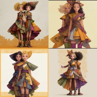 请根据原作参考画与文字描述，生成一张偏写实画风图片，图片中有两位金发紫瞳美少女，画面总体色调鲜艳明亮，她们所有人发色都是金黄秀发，眼色都是紫色瞳孔，她们脸型分别为瓜子脸、方形脸，她们发型分别为妹妹头、长卷发，她们眼睛硕大纯净，眼神明亮，五官纤细，她们肤色分别是金黄色、浅棕色，她们保留了安第斯原住民的五官、气质、发型、眼神，显得唯美温柔清秀，元气活泼，阳光可爱，她们中没有任何除安第斯原住民之外的人种存在，她们穿戴着如文字描述所示华丽复杂之百褶连衣短裙与裙子纹理变幻而来的过膝丝袜及裙子形状变幻而来的奇形怪状帽子，画面中不得存在任何其他人物，背景也不能为单色块构图，背景中存在美食变化而成之建筑，裙子皆显奇异古怪构造，女孩们为全身造型构图，她们完整地露出全身像身姿，从女孩子头顶一直表现到女孩子腿脚及脚底鞋子。原文：一件如小礼帽般之小裙子，裙顶为一艘紫绿色、青黄色、白蓝色三角形尖顶塔状舟船，这艘三角形尖顶塔状舟船，有着岩浆角法杖状舷首，蘑菇雁塔态左艏舷，附魔渔网态右艏舷，水渠桥塔状左正横，浮空岛链状右正横，左艉舷呈辐射投石索形，右艉舷呈天体星环形，舟船艇尾有着泥头巫师塔形状；裙身呈现出辐射卷筒状针头锤载具形状，这辆针头锤载具，外貌上拥有紫红色三角锥梯形车顶，绿色回心卷筒、红色环状卷轴、青色卷拉玉盘形状交错平行应运而成之车身，后车厢有着藕合腾林型差分齿轮堆形态，驾驶室形状为一种青蓝色、紫蓝色、红绿色七星锁四角链形制针头锤，车体车轮形状为铁锤轮刑架与堡礁凉亭角交叉缠绕之形态，裙摆则是为木黄色、晶蓝色、水绿色木管乐器交叉曲环形状构造，帽围左侧，中测，右侧，分别为一只星星状管号角，栅栏吹箭状长笛，切分棚架态三角排箫；裙包是一座倒三角形卷曲竹笋鼓，鼓面上绘制有一颗闪亮爱心被印满碎心荆棘图案之拳头拳击变为龙卷风之心的华丽图腾。那些金发紫瞳美少女，都长着金黄秀发，紫色瞳孔，且每一个体五官之间全然不同，看得出来是不同人，背景不能是黑洞洞一片或单色构造！