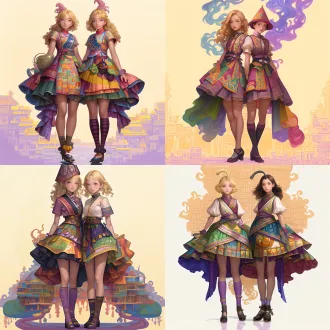 请根据原作参考画与文字描述，生成一张偏写实画风图片，图片中有两位金发紫瞳美少女，画面总体色调鲜艳明亮，她们所有人发色都是金黄秀发，眼色都是紫色瞳孔，她们脸型分别为瓜子脸、方形脸，她们发型分别为妹妹头、长卷发，她们眼睛硕大纯净，眼神明亮，五官纤细，她们肤色分别是金黄色、浅棕色，她们保留了安第斯原住民的五官、气质、发型、眼神，显得唯美温柔清秀，元气活泼，阳光可爱，她们中没有任何除安第斯原住民之外的人种存在，她们穿戴着如文字描述所示华丽复杂之百褶连衣短裙与裙子纹理变幻而来的过膝丝袜及裙子形状变幻而来的奇形怪状帽子，画面中不得存在任何其他人物，背景也不能为单色块构图，背景中存在美食变化而成之建筑，裙子皆显奇异古怪构造，女孩们为全身造型构图，她们完整地露出全身像身姿，从女孩子头顶一直表现到女孩子腿脚及脚底鞋子。原文：一件如小礼帽般之小裙子，裙顶为一艘紫绿色、青黄色、白蓝色三角形尖顶塔状舟船，这艘三角形尖顶塔状舟船，有着岩浆角法杖状舷首，蘑菇雁塔态左艏舷，附魔渔网态右艏舷，水渠桥塔状左正横，浮空岛链状右正横，左艉舷呈辐射投石索形，右艉舷呈天体星环形，舟船艇尾有着泥头巫师塔形状；裙身呈现出辐射卷筒状针头锤载具形状，这辆针头锤载具，外貌上拥有紫红色三角锥梯形车顶，绿色回心卷筒、红色环状卷轴、青色卷拉玉盘形状交错平行应运而成之车身，后车厢有着藕合腾林型差分齿轮堆形态，驾驶室形状为一种青蓝色、紫蓝色、红绿色七星锁四角链形制针头锤，车体车轮形状为铁锤轮刑架与堡礁凉亭角交叉缠绕之形态，裙摆则是为木黄色、晶蓝色、水绿色木管乐器交叉曲环形状构造，帽围左侧，中测，右侧，分别为一只星星状管号角，栅栏吹箭状长笛，切分棚架态三角排箫；裙包是一座倒三角形卷曲竹笋鼓，鼓面上绘制有一颗闪亮爱心被印满碎心荆棘图案之拳头拳击变为龙卷风之心的华丽图腾。那些金发紫瞳美少女，都长着金黄秀发，紫色瞳孔，且每一个体五官之间全然不同，看得出来是不同人，背景不能是黑洞洞一片或单色构造！