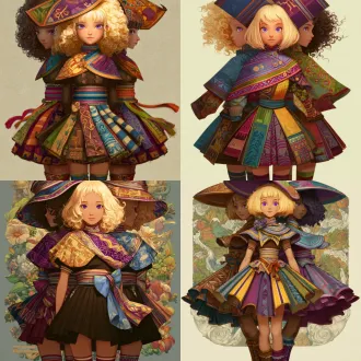 请根据原作参考画与文字描述，生成一张偏写实画风图片，图片中有两位金发紫瞳美少女，画面总体色调鲜艳明亮，她们所有人发色都是金黄秀发，眼色都是紫色瞳孔，她们脸型分别为瓜子脸、方形脸，她们发型分别为妹妹头、长卷发，她们眼睛硕大纯净，眼神明亮，五官纤细，她们肤色分别是金黄色、浅棕色，她们保留了安第斯原住民的五官、气质、发型、眼神，显得唯美温柔清秀，元气活泼，阳光可爱，她们中没有任何除安第斯原住民之外的人种存在，她们穿戴着如文字描述所示华丽复杂之百褶连衣短裙与裙子纹理变幻而来的过膝丝袜及裙子形状变幻而来的奇形怪状帽子，画面中不得存在任何其他人物，背景也不能为单色块构图，背景中存在美食变化而成之建筑，裙子皆显奇异古怪构造，女孩们为全身造型构图，她们完整地露出全身像身姿，从女孩子头顶一直表现到女孩子腿脚及脚底鞋子。原文：一件如小礼帽般之小裙子，裙顶为一艘紫绿色、青黄色、白蓝色三角形尖顶塔状舟船，这艘三角形尖顶塔状舟船，有着岩浆角法杖状舷首，蘑菇雁塔态左艏舷，附魔渔网态右艏舷，水渠桥塔状左正横，浮空岛链状右正横，左艉舷呈辐射投石索形，右艉舷呈天体星环形，舟船艇尾有着泥头巫师塔形状；裙身呈现出辐射卷筒状针头锤载具形状，这辆针头锤载具，外貌上拥有紫红色三角锥梯形车顶，绿色回心卷筒、红色环状卷轴、青色卷拉玉盘形状交错平行应运而成之车身，后车厢有着藕合腾林型差分齿轮堆形态，驾驶室形状为一种青蓝色、紫蓝色、红绿色七星锁四角链形制针头锤，车体车轮形状为铁锤轮刑架与堡礁凉亭角交叉缠绕之形态，裙摆则是为木黄色、晶蓝色、水绿色木管乐器交叉曲环形状构造，帽围左侧，中测，右侧，分别为一只星星状管号角，栅栏吹箭状长笛，切分棚架态三角排箫；裙包是一座倒三角形卷曲竹笋鼓，鼓面上绘制有一颗闪亮爱心被印满碎心荆棘图案之拳头拳击变为龙卷风之心的华丽图腾。那些金发紫瞳美少女，都长着金黄秀发，紫色瞳孔，且每一个体五官之间全然不同，看得出来是不同人，背景不能是黑洞洞一片或单色构造！