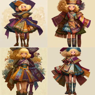 请根据原作参考画与文字描述，生成一张偏写实画风图片，图片中有两位金发紫瞳美少女，画面总体色调鲜艳明亮，她们所有人发色都是金黄秀发，眼色都是紫色瞳孔，她们脸型分别为瓜子脸、方形脸，她们发型分别为妹妹头、长卷发，她们眼睛硕大纯净，眼神明亮，五官纤细，她们肤色分别是金黄色、浅棕色，她们保留了安第斯原住民的五官、气质、发型、眼神，显得唯美温柔清秀，元气活泼，阳光可爱，她们中没有任何除安第斯原住民之外的人种存在，她们穿戴着如文字描述所示华丽复杂之百褶连衣短裙与裙子纹理变幻而来的过膝丝袜及裙子形状变幻而来的奇形怪状帽子，画面中不得存在任何其他人物，背景也不能为单色块构图，背景中存在美食变化而成之建筑，裙子皆显奇异古怪构造，女孩们为全身造型构图，她们完整地露出全身像身姿，从女孩子头顶一直表现到女孩子腿脚及脚底鞋子。原文：一件如小礼帽般之小裙子，裙顶为一艘紫绿色、青黄色、白蓝色三角形尖顶塔状舟船，这艘三角形尖顶塔状舟船，有着岩浆角法杖状舷首，蘑菇雁塔态左艏舷，附魔渔网态右艏舷，水渠桥塔状左正横，浮空岛链状右正横，左艉舷呈辐射投石索形，右艉舷呈天体星环形，舟船艇尾有着泥头巫师塔形状；裙身呈现出辐射卷筒状针头锤载具形状，这辆针头锤载具，外貌上拥有紫红色三角锥梯形车顶，绿色回心卷筒、红色环状卷轴、青色卷拉玉盘形状交错平行应运而成之车身，后车厢有着藕合腾林型差分齿轮堆形态，驾驶室形状为一种青蓝色、紫蓝色、红绿色七星锁四角链形制针头锤，车体车轮形状为铁锤轮刑架与堡礁凉亭角交叉缠绕之形态，裙摆则是为木黄色、晶蓝色、水绿色木管乐器交叉曲环形状构造，帽围左侧，中测，右侧，分别为一只星星状管号角，栅栏吹箭状长笛，切分棚架态三角排箫；裙包是一座倒三角形卷曲竹笋鼓，鼓面上绘制有一颗闪亮爱心被印满碎心荆棘图案之拳头拳击变为龙卷风之心的华丽图腾。那些金发紫瞳美少女，都长着金黄秀发，紫色瞳孔，且每一个体五官之间全然不同，看得出来是不同人，背景不能是黑洞洞一片或单色构造！