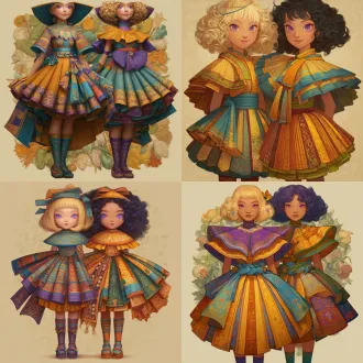 请根据原作参考画与文字描述，生成一张偏写实画风图片，图片中有两位金发紫瞳美少女，画面总体色调鲜艳明亮，她们所有人发色都是金黄秀发，眼色都是紫色瞳孔，她们脸型分别为瓜子脸、方形脸，她们发型分别为妹妹头、长卷发，她们眼睛硕大纯净，眼神明亮，五官纤细，她们肤色分别是金黄色、浅棕色，她们保留了安第斯原住民的五官、气质、发型、眼神，显得唯美温柔清秀，元气活泼，阳光可爱，她们中没有任何除安第斯原住民之外的人种存在，她们穿戴着如文字描述所示华丽复杂之百褶连衣短裙与裙子纹理变幻而来的过膝丝袜及裙子形状变幻而来的奇形怪状帽子，画面中不得存在任何其他人物，背景也不能为单色块构图，背景中存在美食变化而成之建筑，裙子皆显奇异古怪构造，女孩们为全身造型构图，她们完整地露出全身像身姿，从女孩子头顶一直表现到女孩子腿脚及脚底鞋子。原文：一件如小礼帽般之小裙子，裙顶为一艘紫绿色、青黄色、白蓝色三角形尖顶塔状舟船，这艘三角形尖顶塔状舟船，有着岩浆角法杖状舷首，蘑菇雁塔态左艏舷，附魔渔网态右艏舷，水渠桥塔状左正横，浮空岛链状右正横，左艉舷呈辐射投石索形，右艉舷呈天体星环形，舟船艇尾有着泥头巫师塔形状；裙身呈现出辐射卷筒状针头锤载具形状，这辆针头锤载具，外貌上拥有紫红色三角锥梯形车顶，绿色回心卷筒、红色环状卷轴、青色卷拉玉盘形状交错平行应运而成之车身，后车厢有着藕合腾林型差分齿轮堆形态，驾驶室形状为一种青蓝色、紫蓝色、红绿色七星锁四角链形制针头锤，车体车轮形状为铁锤轮刑架与堡礁凉亭角交叉缠绕之形态，裙摆则是为木黄色、晶蓝色、水绿色木管乐器交叉曲环形状构造，帽围左侧，中测，右侧，分别为一只星星状管号角，栅栏吹箭状长笛，切分棚架态三角排箫；裙包是一座倒三角形卷曲竹笋鼓，鼓面上绘制有一颗闪亮爱心被印满碎心荆棘图案之拳头拳击变为龙卷风之心的华丽图腾。那些金发紫瞳美少女，都长着金黄秀发，紫色瞳孔，且每一个体五官之间全然不同，看得出来是不同人，背景不能是黑洞洞一片或单色构造！