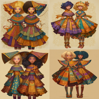 请根据原作参考画与文字描述，生成一张偏写实画风图片，图片中有两位金发紫瞳美少女，画面总体色调鲜艳明亮，她们所有人发色都是金黄秀发，眼色都是紫色瞳孔，她们脸型分别为瓜子脸、方形脸，她们发型分别为妹妹头、长卷发，她们眼睛硕大纯净，眼神明亮，五官纤细，她们肤色分别是金黄色、浅棕色，她们保留了安第斯原住民的五官、气质、发型、眼神，显得唯美温柔清秀，元气活泼，阳光可爱，她们中没有任何除安第斯原住民之外的人种存在，她们穿戴着如文字描述所示华丽复杂之百褶连衣短裙与裙子纹理变幻而来的过膝丝袜及裙子形状变幻而来的奇形怪状帽子，画面中不得存在任何其他人物，背景也不能为单色块构图，背景中存在美食变化而成之建筑，裙子皆显奇异古怪构造，女孩们为全身造型构图，她们完整地露出全身像身姿，从女孩子头顶一直表现到女孩子腿脚及脚底鞋子。原文：一件如小礼帽般之小裙子，裙顶为一艘紫绿色、青黄色、白蓝色三角形尖顶塔状舟船，这艘三角形尖顶塔状舟船，有着岩浆角法杖状舷首，蘑菇雁塔态左艏舷，附魔渔网态右艏舷，水渠桥塔状左正横，浮空岛链状右正横，左艉舷呈辐射投石索形，右艉舷呈天体星环形，舟船艇尾有着泥头巫师塔形状；裙身呈现出辐射卷筒状针头锤载具形状，这辆针头锤载具，外貌上拥有紫红色三角锥梯形车顶，绿色回心卷筒、红色环状卷轴、青色卷拉玉盘形状交错平行应运而成之车身，后车厢有着藕合腾林型差分齿轮堆形态，驾驶室形状为一种青蓝色、紫蓝色、红绿色七星锁四角链形制针头锤，车体车轮形状为铁锤轮刑架与堡礁凉亭角交叉缠绕之形态，裙摆则是为木黄色、晶蓝色、水绿色木管乐器交叉曲环形状构造，帽围左侧，中测，右侧，分别为一只星星状管号角，栅栏吹箭状长笛，切分棚架态三角排箫；裙包是一座倒三角形卷曲竹笋鼓，鼓面上绘制有一颗闪亮爱心被印满碎心荆棘图案之拳头拳击变为龙卷风之心的华丽图腾。那些金发紫瞳美少女，都长着金黄秀发，紫色瞳孔，且每一个体五官之间全然不同，看得出来是不同人，背景不能是黑洞洞一片或单色构造！