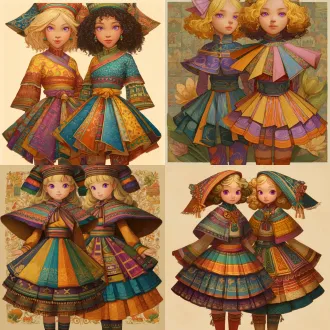 请根据原作参考画与文字描述，生成一张偏写实画风图片，图片中有两位金发紫瞳美少女，画面总体色调鲜艳明亮，她们所有人发色都是金黄秀发，眼色都是紫色瞳孔，她们脸型分别为瓜子脸、方形脸，她们发型分别为妹妹头、长卷发，她们眼睛硕大纯净，眼神明亮，五官纤细，她们肤色分别是金黄色、浅棕色，她们保留了安第斯原住民的五官、气质、发型、眼神，显得唯美温柔清秀，元气活泼，阳光可爱，她们中没有任何除安第斯原住民之外的人种存在，她们穿戴着如文字描述所示华丽复杂之百褶连衣短裙与裙子纹理变幻而来的过膝丝袜及裙子形状变幻而来的奇形怪状帽子，画面中不得存在任何其他人物，背景也不能为单色块构图，背景中存在美食变化而成之建筑，裙子皆显奇异古怪构造，女孩们为全身造型构图，她们完整地露出全身像身姿，从女孩子头顶一直表现到女孩子腿脚及脚底鞋子。原文：一件如小礼帽般之小裙子，裙顶为一艘紫绿色、青黄色、白蓝色三角形尖顶塔状舟船，这艘三角形尖顶塔状舟船，有着岩浆角法杖状舷首，蘑菇雁塔态左艏舷，附魔渔网态右艏舷，水渠桥塔状左正横，浮空岛链状右正横，左艉舷呈辐射投石索形，右艉舷呈天体星环形，舟船艇尾有着泥头巫师塔形状；裙身呈现出辐射卷筒状针头锤载具形状，这辆针头锤载具，外貌上拥有紫红色三角锥梯形车顶，绿色回心卷筒、红色环状卷轴、青色卷拉玉盘形状交错平行应运而成之车身，后车厢有着藕合腾林型差分齿轮堆形态，驾驶室形状为一种青蓝色、紫蓝色、红绿色七星锁四角链形制针头锤，车体车轮形状为铁锤轮刑架与堡礁凉亭角交叉缠绕之形态，裙摆则是为木黄色、晶蓝色、水绿色木管乐器交叉曲环形状构造，帽围左侧，中测，右侧，分别为一只星星状管号角，栅栏吹箭状长笛，切分棚架态三角排箫；裙包是一座倒三角形卷曲竹笋鼓，鼓面上绘制有一颗闪亮爱心被印满碎心荆棘图案之拳头拳击变为龙卷风之心的华丽图腾。那些金发紫瞳美少女，都长着金黄秀发，紫色瞳孔，且每一个体五官之间全然不同，看得出来是不同人，背景不能是黑洞洞一片或单色构造！