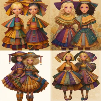 请根据原作参考画与文字描述，生成一张偏写实画风图片，图片中有两位金发紫瞳美少女，画面总体色调鲜艳明亮，她们所有人发色都是金黄秀发，眼色都是紫色瞳孔，她们脸型分别为瓜子脸、方形脸，她们发型分别为妹妹头、长卷发，她们眼睛硕大纯净，眼神明亮，五官纤细，她们肤色分别是金黄色、浅棕色，她们保留了安第斯原住民的五官、气质、发型、眼神，显得唯美温柔清秀，元气活泼，阳光可爱，她们中没有任何除安第斯原住民之外的人种存在，她们穿戴着如文字描述所示华丽复杂之百褶连衣短裙与裙子纹理变幻而来的过膝丝袜及裙子形状变幻而来的奇形怪状帽子，画面中不得存在任何其他人物，背景也不能为单色块构图，背景中存在美食变化而成之建筑，裙子皆显奇异古怪构造，女孩们为全身造型构图，她们完整地露出全身像身姿，从女孩子头顶一直表现到女孩子腿脚及脚底鞋子。原文：一件如小礼帽般之小裙子，裙顶为一艘紫绿色、青黄色、白蓝色三角形尖顶塔状舟船，这艘三角形尖顶塔状舟船，有着岩浆角法杖状舷首，蘑菇雁塔态左艏舷，附魔渔网态右艏舷，水渠桥塔状左正横，浮空岛链状右正横，左艉舷呈辐射投石索形，右艉舷呈天体星环形，舟船艇尾有着泥头巫师塔形状；裙身呈现出辐射卷筒状针头锤载具形状，这辆针头锤载具，外貌上拥有紫红色三角锥梯形车顶，绿色回心卷筒、红色环状卷轴、青色卷拉玉盘形状交错平行应运而成之车身，后车厢有着藕合腾林型差分齿轮堆形态，驾驶室形状为一种青蓝色、紫蓝色、红绿色七星锁四角链形制针头锤，车体车轮形状为铁锤轮刑架与堡礁凉亭角交叉缠绕之形态，裙摆则是为木黄色、晶蓝色、水绿色木管乐器交叉曲环形状构造，帽围左侧，中测，右侧，分别为一只星星状管号角，栅栏吹箭状长笛，切分棚架态三角排箫；裙包是一座倒三角形卷曲竹笋鼓，鼓面上绘制有一颗闪亮爱心被印满碎心荆棘图案之拳头拳击变为龙卷风之心的华丽图腾。那些金发紫瞳美少女，都长着金黄秀发，紫色瞳孔，且每一个体五官之间全然不同，看得出来是不同人，背景不能是黑洞洞一片或单色构造！