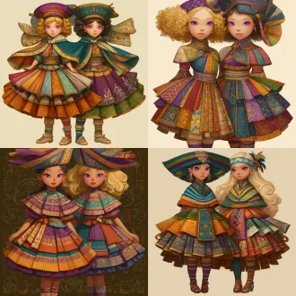 请根据原作参考画与文字描述，生成一张偏写实画风图片，图片中有两位秘鲁金发紫瞳美少女，画面总体色调鲜艳明亮，她们所有人发色都是金黄秀发，眼色都是紫色瞳孔，她们脸型分别为瓜子脸、方形脸，她们发型分别为妹妹头、长卷发，她们眼睛硕大纯净，眼神明亮，五官纤细，她们肤色分别是金黄色、浅棕色，她们保留了安第斯原住民的五官、气质、发型、眼神，显得唯美温柔清秀，元气活泼，阳光可爱，她们中没有任何除安第斯原住民之外的人种存在，她们穿戴着如文字描述所示华丽复杂之百褶连衣短裙与裙子纹理变幻而来的过膝丝袜及裙子形状变幻而来的奇形怪状帽子，画面中不得存在任何其他人物，背景也不能为单色块构图，背景中存在美食变化而成之建筑，裙子皆显奇异古怪构造，女孩们为全身造型构图，她们完整地露出全身像身姿，从女孩子头顶一直表现到女孩子腿脚及脚底鞋子。原文：一件如小礼帽般之小裙子，裙顶为一艘紫绿色、青黄色、白蓝色三角形尖顶塔状舟船，这艘三角形尖顶塔状舟船，有着岩浆角法杖状舷首，蘑菇雁塔态左艏舷，附魔渔网态右艏舷，水渠桥塔状左正横，浮空岛链状右正横，左艉舷呈辐射投石索形，右艉舷呈天体星环形，舟船艇尾有着泥头巫师塔形状；裙身呈现出辐射卷筒状针头锤载具形状，这辆针头锤载具，外貌上拥有紫红色三角锥梯形车顶，绿色回心卷筒、红色环状卷轴、青色卷拉玉盘形状交错平行应运而成之车身，后车厢有着藕合腾林型差分齿轮堆形态，驾驶室形状为一种青蓝色、紫蓝色、红绿色七星锁四角链形制针头锤，车体车轮形状为铁锤轮刑架与堡礁凉亭角交叉缠绕之形态，裙摆则是为木黄色、晶蓝色、水绿色木管乐器交叉曲环形状构造，帽围左侧，中测，右侧，分别为一只星星状管号角，栅栏吹箭状长笛，切分棚架态三角排箫；裙包是一座倒三角形卷曲竹笋鼓，鼓面上绘制有一颗闪亮爱心被印满碎心荆棘图案之拳头拳击变为龙卷风之心的华丽图腾。那些金发紫瞳美少女，都长着金黄秀发，紫色瞳孔，且每一个体五官之间全然不同，看得出来是不同人，背景不能是黑洞洞一片或单色构造！