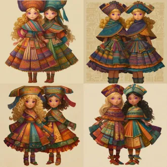 请根据原作参考画与文字描述，生成一张偏写实画风图片，图片中有两位秘鲁金发紫瞳美少女，画面总体色调鲜艳明亮，她们所有人发色都是金黄秀发，眼色都是紫色瞳孔，她们脸型分别为瓜子脸、方形脸，她们发型分别为妹妹头、长卷发，她们眼睛硕大纯净，眼神明亮，五官纤细，她们肤色分别是金黄色、浅棕色，她们保留了安第斯原住民的五官、气质、发型、眼神，显得唯美温柔清秀，元气活泼，阳光可爱，她们中没有任何除安第斯原住民之外的人种存在，她们穿戴着如文字描述所示华丽复杂之百褶连衣短裙与裙子纹理变幻而来的过膝丝袜及裙子形状变幻而来的奇形怪状帽子，画面中不得存在任何其他人物，背景也不能为单色块构图，背景中存在美食变化而成之建筑，裙子皆显奇异古怪构造，女孩们为全身造型构图，她们完整地露出全身像身姿，从女孩子头顶一直表现到女孩子腿脚及脚底鞋子。原文：一件如小礼帽般之小裙子，裙顶为一艘紫绿色、青黄色、白蓝色三角形尖顶塔状舟船，这艘三角形尖顶塔状舟船，有着岩浆角法杖状舷首，蘑菇雁塔态左艏舷，附魔渔网态右艏舷，水渠桥塔状左正横，浮空岛链状右正横，左艉舷呈辐射投石索形，右艉舷呈天体星环形，舟船艇尾有着泥头巫师塔形状；裙身呈现出辐射卷筒状针头锤载具形状，这辆针头锤载具，外貌上拥有紫红色三角锥梯形车顶，绿色回心卷筒、红色环状卷轴、青色卷拉玉盘形状交错平行应运而成之车身，后车厢有着藕合腾林型差分齿轮堆形态，驾驶室形状为一种青蓝色、紫蓝色、红绿色七星锁四角链形制针头锤，车体车轮形状为铁锤轮刑架与堡礁凉亭角交叉缠绕之形态，裙摆则是为木黄色、晶蓝色、水绿色木管乐器交叉曲环形状构造，帽围左侧，中测，右侧，分别为一只星星状管号角，栅栏吹箭状长笛，切分棚架态三角排箫；裙包是一座倒三角形卷曲竹笋鼓，鼓面上绘制有一颗闪亮爱心被印满碎心荆棘图案之拳头拳击变为龙卷风之心的华丽图腾。那些金发紫瞳美少女，都长着金黄秀发，紫色瞳孔，且每一个体五官之间全然不同，看得出来是不同人，背景不能是黑洞洞一片或单色构造！