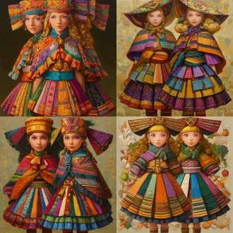 请根据原作参考画与文字描述，生成一张偏写实画风图片，图片中有两位秘鲁克丘亚族金发紫瞳美少女，画面总体色调鲜艳明亮，她们所有人发色都是金黄秀发，眼色都是紫色瞳孔，她们脸型分别为瓜子脸、方形脸，她们发型分别为妹妹头、长卷发，她们眼睛硕大纯净，眼神明亮，五官纤细，她们肤色分别是金黄色、浅棕色，她们保留了安第斯原住民的五官、气质、发型、眼神，显得唯美温柔清秀，元气活泼，阳光可爱，她们中没有任何除安第斯原住民之外的人种存在，她们穿戴着如文字描述所示华丽复杂之百褶连衣短裙与裙子纹理变幻而来的过膝丝袜及裙子形状变幻而来的奇形怪状帽子，画面中不得存在任何其他人物，背景也不能为单色块构图，背景中存在美食变化而成之建筑，裙子皆显奇异古怪构造，女孩们为全身造型构图，她们完整地露出全身像身姿，从女孩子头顶一直表现到女孩子腿脚及脚底鞋子。原文：一件如小礼帽般之小裙子，裙顶为一艘紫绿色、青黄色、白蓝色三角形尖顶塔状舟船，这艘三角形尖顶塔状舟船，有着岩浆角法杖状舷首，蘑菇雁塔态左艏舷，附魔渔网态右艏舷，水渠桥塔状左正横，浮空岛链状右正横，左艉舷呈辐射投石索形，右艉舷呈天体星环形，舟船艇尾有着泥头巫师塔形状；裙身呈现出辐射卷筒状针头锤载具形状，这辆针头锤载具，外貌上拥有紫红色三角锥梯形车顶，绿色回心卷筒、红色环状卷轴、青色卷拉玉盘形状交错平行应运而成之车身，后车厢有着藕合腾林型差分齿轮堆形态，驾驶室形状为一种青蓝色、紫蓝色、红绿色七星锁四角链形制针头锤，车体车轮形状为铁锤轮刑架与堡礁凉亭角交叉缠绕之形态，裙摆则是为木黄色、晶蓝色、水绿色木管乐器交叉曲环形状构造，帽围左侧，中测，右侧，分别为一只星星状管号角，栅栏吹箭状长笛，切分棚架态三角排箫；裙包是一座倒三角形卷曲竹笋鼓，鼓面上绘制有一颗闪亮爱心被印满碎心荆棘图案之拳头拳击变为龙卷风之心的华丽图腾。那些金发紫瞳美少女，都长着金黄秀发，紫色瞳孔，且每一个体五官之间全然不同，看得出来是不同人，背景不能是黑洞洞一片或单色构造！