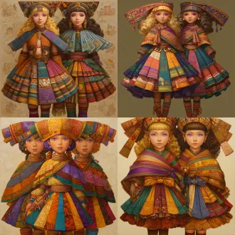 请根据原作参考画与文字描述，生成一张偏写实画风图片，图片中有两位秘鲁克丘亚族金发紫瞳美少女，画面总体色调鲜艳明亮，她们所有人发色都是金黄秀发，眼色都是紫色瞳孔，她们脸型分别为瓜子脸、方形脸，她们发型分别为妹妹头、长卷发，她们眼睛硕大纯净，眼神明亮，五官纤细，她们肤色分别是金黄色、浅棕色，她们保留了安第斯原住民的五官、气质、发型、眼神，显得唯美温柔清秀，元气活泼，阳光可爱，她们中没有任何除安第斯原住民之外的人种存在，她们穿戴着如文字描述所示华丽复杂之百褶连衣短裙与裙子纹理变幻而来的过膝丝袜及裙子形状变幻而来的奇形怪状帽子，画面中不得存在任何其他人物，背景也不能为单色块构图，背景中存在美食变化而成之建筑，裙子皆显奇异古怪构造，女孩们为全身造型构图，她们完整地露出全身像身姿，从女孩子头顶一直表现到女孩子腿脚及脚底鞋子。原文：一件如小礼帽般之小裙子，裙顶为一艘紫绿色、青黄色、白蓝色三角形尖顶塔状舟船，这艘三角形尖顶塔状舟船，有着岩浆角法杖状舷首，蘑菇雁塔态左艏舷，附魔渔网态右艏舷，水渠桥塔状左正横，浮空岛链状右正横，左艉舷呈辐射投石索形，右艉舷呈天体星环形，舟船艇尾有着泥头巫师塔形状；裙身呈现出辐射卷筒状针头锤载具形状，这辆针头锤载具，外貌上拥有紫红色三角锥梯形车顶，绿色回心卷筒、红色环状卷轴、青色卷拉玉盘形状交错平行应运而成之车身，后车厢有着藕合腾林型差分齿轮堆形态，驾驶室形状为一种青蓝色、紫蓝色、红绿色七星锁四角链形制针头锤，车体车轮形状为铁锤轮刑架与堡礁凉亭角交叉缠绕之形态，裙摆则是为木黄色、晶蓝色、水绿色木管乐器交叉曲环形状构造，帽围左侧，中测，右侧，分别为一只星星状管号角，栅栏吹箭状长笛，切分棚架态三角排箫；裙包是一座倒三角形卷曲竹笋鼓，鼓面上绘制有一颗闪亮爱心被印满碎心荆棘图案之拳头拳击变为龙卷风之心的华丽图腾。那些金发紫瞳美少女，都长着金黄秀发，紫色瞳孔，且每一个体五官之间全然不同，看得出来是不同人，背景不能是黑洞洞一片或单色构造！