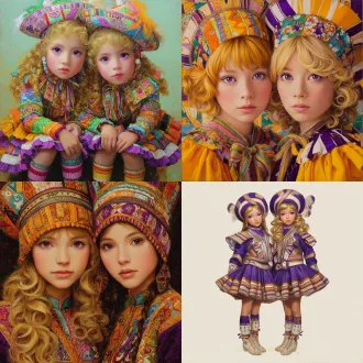 请根据原作参考画与文字描述，生成一张偏写实画风图片，图片中有两位秘鲁艾马拉族金发紫瞳美少女，画面总体色调鲜艳明亮，她们所有人发色都是金黄秀发，眼色都是紫色瞳孔，她们脸型分别为瓜子脸、方形脸，她们发型分别为妹妹头、长卷发，她们眼睛硕大纯净，眼神明亮，五官纤细，她们肤色分别是金黄色、浅棕色，她们保留了安第斯原住民的五官、气质、发型、眼神，显得唯美温柔清秀，元气活泼，阳光可爱，她们中没有任何除安第斯原住民之外的人种存在，她们穿戴着如文字描述所示华丽复杂之百褶连衣短裙与裙子纹理变幻而来的过膝丝袜及裙子形状变幻而来的奇形怪状帽子，画面中不得存在任何其他人物，背景也不能为单色块构图，背景中存在美食变化而成之建筑，裙子皆显奇异古怪构造，女孩们为全身造型构图，她们完整地露出全身像身姿，从女孩子头顶一直表现到女孩子腿脚及脚底鞋子。原文：一件如小礼帽般之小裙子，裙顶为一艘紫绿色、青黄色、白蓝色三角形尖顶塔状舟船，这艘三角形尖顶塔状舟船，有着岩浆角法杖状舷首，蘑菇雁塔态左艏舷，附魔渔网态右艏舷，水渠桥塔状左正横，浮空岛链状右正横，左艉舷呈辐射投石索形，右艉舷呈天体星环形，舟船艇尾有着泥头巫师塔形状；裙身呈现出辐射卷筒状针头锤载具形状，这辆针头锤载具，外貌上拥有紫红色三角锥梯形车顶，绿色回心卷筒、红色环状卷轴、青色卷拉玉盘形状交错平行应运而成之车身，后车厢有着藕合腾林型差分齿轮堆形态，驾驶室形状为一种青蓝色、紫蓝色、红绿色七星锁四角链形制针头锤，车体车轮形状为铁锤轮刑架与堡礁凉亭角交叉缠绕之形态，裙摆则是为木黄色、晶蓝色、水绿色木管乐器交叉曲环形状构造，帽围左侧，中测，右侧，分别为一只星星状管号角，栅栏吹箭状长笛，切分棚架态三角排箫；裙包是一座倒三角形卷曲竹笋鼓，鼓面上绘制有一颗闪亮爱心被印满碎心荆棘图案之拳头拳击变为龙卷风之心的华丽图腾。那些金发紫瞳美少女，都长着金黄秀发，紫色瞳孔，且每一个体五官之间全然不同，看得出来是不同人，背景不能是黑洞洞一片或单色构造！