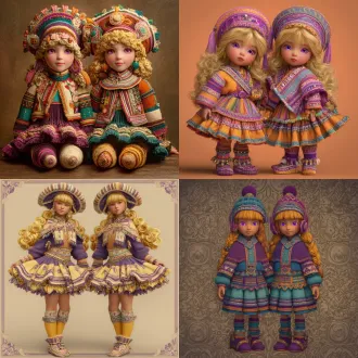 请根据原作参考画与文字描述，生成一张偏写实画风图片，图片中有两位秘鲁艾马拉族金发紫瞳美少女，画面总体色调鲜艳明亮，她们所有人发色都是金黄秀发，眼色都是紫色瞳孔，她们脸型分别为瓜子脸、方形脸，她们发型分别为妹妹头、长卷发，她们眼睛硕大纯净，眼神明亮，五官纤细，她们肤色分别是金黄色、浅棕色，她们保留了安第斯原住民的五官、气质、发型、眼神，显得唯美温柔清秀，元气活泼，阳光可爱，她们中没有任何除安第斯原住民之外的人种存在，她们穿戴着如文字描述所示华丽复杂之百褶连衣短裙与裙子纹理变幻而来的过膝丝袜及裙子形状变幻而来的奇形怪状帽子，画面中不得存在任何其他人物，背景也不能为单色块构图，背景中存在美食变化而成之建筑，裙子皆显奇异古怪构造，女孩们为全身造型构图，她们完整地露出全身像身姿，从女孩子头顶一直表现到女孩子腿脚及脚底鞋子。原文：一件如小礼帽般之小裙子，裙顶为一艘紫绿色、青黄色、白蓝色三角形尖顶塔状舟船，这艘三角形尖顶塔状舟船，有着岩浆角法杖状舷首，蘑菇雁塔态左艏舷，附魔渔网态右艏舷，水渠桥塔状左正横，浮空岛链状右正横，左艉舷呈辐射投石索形，右艉舷呈天体星环形，舟船艇尾有着泥头巫师塔形状；裙身呈现出辐射卷筒状针头锤载具形状，这辆针头锤载具，外貌上拥有紫红色三角锥梯形车顶，绿色回心卷筒、红色环状卷轴、青色卷拉玉盘形状交错平行应运而成之车身，后车厢有着藕合腾林型差分齿轮堆形态，驾驶室形状为一种青蓝色、紫蓝色、红绿色七星锁四角链形制针头锤，车体车轮形状为铁锤轮刑架与堡礁凉亭角交叉缠绕之形态，裙摆则是为木黄色、晶蓝色、水绿色木管乐器交叉曲环形状构造，帽围左侧，中测，右侧，分别为一只星星状管号角，栅栏吹箭状长笛，切分棚架态三角排箫；裙包是一座倒三角形卷曲竹笋鼓，鼓面上绘制有一颗闪亮爱心被印满碎心荆棘图案之拳头拳击变为龙卷风之心的华丽图腾。那些金发紫瞳美少女，都长着金黄秀发，紫色瞳孔，且每一个体五官之间全然不同，看得出来是不同人，背景不能是黑洞洞一片或单色构造！