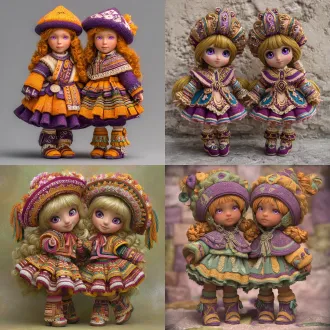 请根据原作参考画与文字描述，生成一张偏写实画风图片，图片中有两位秘鲁艾马拉族金发紫瞳美少女，画面总体色调鲜艳明亮，她们所有人发色都是金黄秀发，眼色都是紫色瞳孔，她们脸型分别为瓜子脸、方形脸，她们发型分别为妹妹头、长卷发，她们眼睛硕大纯净，眼神明亮，五官纤细，她们肤色分别是金黄色、浅棕色，她们保留了安第斯原住民的五官、气质、发型、眼神，显得唯美温柔清秀，元气活泼，阳光可爱，她们中没有任何除安第斯原住民之外的人种存在，她们穿戴着如文字描述所示华丽复杂之百褶连衣短裙与裙子纹理变幻而来的过膝丝袜及裙子形状变幻而来的奇形怪状帽子，画面中不得存在任何其他人物，背景也不能为单色块构图，背景中存在美食变化而成之建筑，裙子皆显奇异古怪构造，女孩们为全身造型构图，她们完整地露出全身像身姿，从女孩子头顶一直表现到女孩子腿脚及脚底鞋子。原文：一件如小礼帽般之小裙子，裙顶为一艘紫绿色、青黄色、白蓝色三角形尖顶塔状舟船，这艘三角形尖顶塔状舟船，有着岩浆角法杖状舷首，蘑菇雁塔态左艏舷，附魔渔网态右艏舷，水渠桥塔状左正横，浮空岛链状右正横，左艉舷呈辐射投石索形，右艉舷呈天体星环形，舟船艇尾有着泥头巫师塔形状；裙身呈现出辐射卷筒状针头锤载具形状，这辆针头锤载具，外貌上拥有紫红色三角锥梯形车顶，绿色回心卷筒、红色环状卷轴、青色卷拉玉盘形状交错平行应运而成之车身，后车厢有着藕合腾林型差分齿轮堆形态，驾驶室形状为一种青蓝色、紫蓝色、红绿色七星锁四角链形制针头锤，车体车轮形状为铁锤轮刑架与堡礁凉亭角交叉缠绕之形态，裙摆则是为木黄色、晶蓝色、水绿色木管乐器交叉曲环形状构造，帽围左侧，中测，右侧，分别为一只星星状管号角，栅栏吹箭状长笛，切分棚架态三角排箫；裙包是一座倒三角形卷曲竹笋鼓，鼓面上绘制有一颗闪亮爱心被印满碎心荆棘图案之拳头拳击变为龙卷风之心的华丽图腾。那些金发紫瞳美少女，都长着金黄秀发，紫色瞳孔，且每一个体五官之间全然不同，看得出来是不同人，背景不能是黑洞洞一片或单色构造！