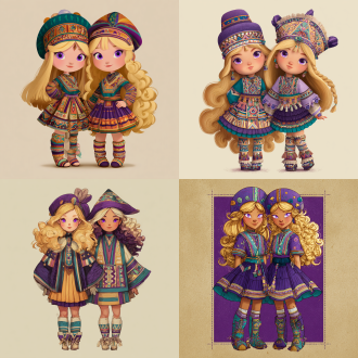 请根据原作参考画与文字描述，生成一张偏写实画风图片，图片中有两位秘鲁马普切族金发紫瞳美少女，画面总体色调鲜艳明亮，她们所有人发色都是金黄秀发，眼色都是紫色瞳孔，她们脸型分别为瓜子脸、方形脸，她们发型分别为妹妹头、长卷发，她们眼睛硕大纯净，眼神明亮，五官纤细，她们肤色分别是金黄色、浅棕色，她们保留了安第斯原住民的五官、气质、发型、眼神，显得唯美温柔清秀，元气活泼，阳光可爱，她们中没有任何除安第斯原住民之外的人种存在，她们穿戴着如文字描述所示华丽复杂之百褶连衣短裙与裙子纹理变幻而来的过膝丝袜及裙子形状变幻而来的奇形怪状帽子，画面中不得存在任何其他人物，背景也不能为单色块构图，背景中存在美食变化而成之建筑，裙子皆显奇异古怪构造，女孩们为全身造型构图，她们完整地露出全身像身姿，从女孩子头顶一直表现到女孩子腿脚及脚底鞋子。原文：一件如小礼帽般之小裙子，裙顶为一艘紫绿色、青黄色、白蓝色三角形尖顶塔状舟船，这艘三角形尖顶塔状舟船，有着岩浆角法杖状舷首，蘑菇雁塔态左艏舷，附魔渔网态右艏舷，水渠桥塔状左正横，浮空岛链状右正横，左艉舷呈辐射投石索形，右艉舷呈天体星环形，舟船艇尾有着泥头巫师塔形状；裙身呈现出辐射卷筒状针头锤载具形状，这辆针头锤载具，外貌上拥有紫红色三角锥梯形车顶，绿色回心卷筒、红色环状卷轴、青色卷拉玉盘形状交错平行应运而成之车身，后车厢有着藕合腾林型差分齿轮堆形态，驾驶室形状为一种青蓝色、紫蓝色、红绿色七星锁四角链形制针头锤，车体车轮形状为铁锤轮刑架与堡礁凉亭角交叉缠绕之形态，裙摆则是为木黄色、晶蓝色、水绿色木管乐器交叉曲环形状构造，帽围左侧，中测，右侧，分别为一只星星状管号角，栅栏吹箭状长笛，切分棚架态三角排箫；裙包是一座倒三角形卷曲竹笋鼓，鼓面上绘制有一颗闪亮爱心被印满碎心荆棘图案之拳头拳击变为龙卷风之心的华丽图腾。那些金发紫瞳美少女，都长着金黄秀发，紫色瞳孔，且每一个体五官之间全然不同，看得出来是不同人，背景不能是黑洞洞一片或单色构造！