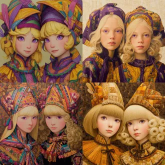 请根据原作参考画与文字描述，生成一张偏写实画风图片，图片中有两位秘鲁艾马拉族金发紫瞳小妹妹，画面总体色调鲜艳明亮，她们所有人发色都是金黄秀发，眼色都是紫色瞳孔，她们脸型分别为瓜子脸、方形脸，她们发型分别为妹妹头、长卷发，她们眼睛硕大纯净，眼神明亮，五官纤细，她们肤色分别是金黄色、浅棕色，她们保留了安第斯原住民的五官、气质、发型、眼神，显得唯美温柔清秀，元气活泼，阳光可爱，她们中没有任何除安第斯原住民之外的人种存在，她们穿戴着如文字描述所示华丽复杂之百褶连衣短裙与裙子纹理变幻而来的过膝丝袜及裙子形状变幻而来的奇形怪状帽子，画面中不得存在任何其他人物，背景也不能为单色块构图，背景中存在美食变化而成之建筑，裙子皆显奇异古怪构造，女孩们为全身造型构图，她们完整地露出全身像身姿，从女孩子头顶一直表现到女孩子腿脚及脚底鞋子。原文：一件如小礼帽般之小裙子，裙顶为一艘紫绿色、青黄色、白蓝色三角形尖顶塔状舟船，这艘三角形尖顶塔状舟船，有着岩浆角法杖状舷首，蘑菇雁塔态左艏舷，附魔渔网态右艏舷，水渠桥塔状左正横，浮空岛链状右正横，左艉舷呈辐射投石索形，右艉舷呈天体星环形，舟船艇尾有着泥头巫师塔形状；裙身呈现出辐射卷筒状针头锤载具形状，这辆针头锤载具，外貌上拥有紫红色三角锥梯形车顶，绿色回心卷筒、红色环状卷轴、青色卷拉玉盘形状交错平行应运而成之车身，后车厢有着藕合腾林型差分齿轮堆形态，驾驶室形状为一种青蓝色、紫蓝色、红绿色七星锁四角链形制针头锤，车体车轮形状为铁锤轮刑架与堡礁凉亭角交叉缠绕之形态，裙摆则是为木黄色、晶蓝色、水绿色木管乐器交叉曲环形状构造，帽围左侧，中测，右侧，分别为一只星星状管号角，栅栏吹箭状长笛，切分棚架态三角排箫；裙包是一座倒三角形卷曲竹笋鼓，鼓面上绘制有一颗闪亮爱心被印满碎心荆棘图案之拳头拳击变为龙卷风之心的华丽图腾。那些金发紫瞳美少女，都长着金黄秀发，紫色瞳孔，且每一个体五官之间全然不同，看得出来是不同人，背景不能是黑洞洞一片或单色构造！