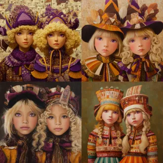 请根据原作参考画与文字描述，生成一张偏写实画风图片，图片中有两位秘鲁艾马拉族金发紫瞳小妹妹，画面总体色调鲜艳明亮，她们所有人发色都是金黄秀发，眼色都是紫色瞳孔，她们脸型分别为瓜子脸、方形脸，她们发型分别为妹妹头、长卷发，她们眼睛硕大纯净，眼神明亮，五官纤细，她们肤色分别是金黄色、浅棕色，她们保留了安第斯原住民的五官、气质、发型、眼神，显得唯美温柔清秀，元气活泼，阳光可爱，她们中没有任何除安第斯原住民之外的人种存在，她们穿戴着如文字描述所示华丽复杂之百褶连衣短裙与裙子纹理变幻而来的过膝丝袜及裙子形状变幻而来的奇形怪状帽子，画面中不得存在任何其他人物，背景也不能为单色块构图，背景中存在美食变化而成之建筑，裙子皆显奇异古怪构造，女孩们为全身造型构图，她们完整地露出全身像身姿，从女孩子头顶一直表现到女孩子腿脚及脚底鞋子。原文：一件如小礼帽般之小裙子，裙顶为一艘紫绿色、青黄色、白蓝色三角形尖顶塔状舟船，这艘三角形尖顶塔状舟船，有着岩浆角法杖状舷首，蘑菇雁塔态左艏舷，附魔渔网态右艏舷，水渠桥塔状左正横，浮空岛链状右正横，左艉舷呈辐射投石索形，右艉舷呈天体星环形，舟船艇尾有着泥头巫师塔形状；裙身呈现出辐射卷筒状针头锤载具形状，这辆针头锤载具，外貌上拥有紫红色三角锥梯形车顶，绿色回心卷筒、红色环状卷轴、青色卷拉玉盘形状交错平行应运而成之车身，后车厢有着藕合腾林型差分齿轮堆形态，驾驶室形状为一种青蓝色、紫蓝色、红绿色七星锁四角链形制针头锤，车体车轮形状为铁锤轮刑架与堡礁凉亭角交叉缠绕之形态，裙摆则是为木黄色、晶蓝色、水绿色木管乐器交叉曲环形状构造，帽围左侧，中测，右侧，分别为一只星星状管号角，栅栏吹箭状长笛，切分棚架态三角排箫；裙包是一座倒三角形卷曲竹笋鼓，鼓面上绘制有一颗闪亮爱心被印满碎心荆棘图案之拳头拳击变为龙卷风之心的华丽图腾。那些金发紫瞳美少女，都长着金黄秀发，紫色瞳孔，且每一个体五官之间全然不同，看得出来是不同人，背景不能是黑洞洞一片或单色构造！