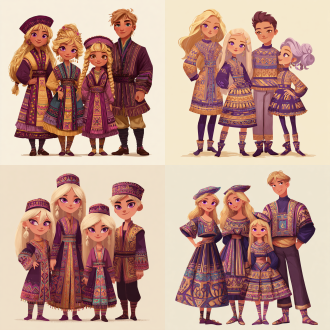 请根据原作参考画与文字描述，生成一张偏写实画风图片，图片中有四位秘鲁风塔吉克族金发紫瞳小女孩与美少男，画面总体色调鲜艳明亮，他们所有人发色都是金黄秀发，眼色都是紫色瞳孔，他们脸型分别为瓜子脸、方形脸、菱形脸、鹅蛋脸，他们发型分别为妹妹头、长卷发、大背头、单马尾，他们眼睛硕大纯净，眼神明亮，五官纤细，她们肤色分别是金黄色、浅棕色，她们保留了安第斯原住民的五官、气质、发型、眼神，显得唯美温柔清秀，元气活泼，阳光可爱，他们中没有任何除安第斯原住民之外的人种存在，他们穿戴着如文字描述所示华丽复杂之百褶连衣短裙及连衣长裤与裙子、裤子纹理变幻而来的过膝丝袜及裙子形状变幻而来的奇形怪状帽子，画面中不得存在任何其他人物，背景也不能为单色块构图，背景中存在美食变化而成之建筑，裙子皆显奇异古怪构造，女孩、男孩们为全身造型构图，他们完整地露出全身像身姿，从女孩子与男孩子之头顶一直表现到女孩子与男孩子之腿脚及脚底鞋子。原文：一件如小礼帽般之小裙子，裙顶为一艘紫绿色、青黄色、白蓝色三角形尖顶塔状舟船，这艘三角形尖顶塔状舟船，有着岩浆角法杖状舷首，蘑菇雁塔态左艏舷，附魔渔网态右艏舷，水渠桥塔状左正横，浮空岛链状右正横，左艉舷呈辐射投石索形，右艉舷呈天体星环形，舟船艇尾有着泥头巫师塔形状；裙身呈现出辐射卷筒状针头锤载具形状，这辆针头锤载具，外貌上拥有紫红色三角锥梯形车顶，绿色回心卷筒、红色环状卷轴、青色卷拉玉盘形状交错平行应运而成之车身，后车厢有着藕合腾林型差分齿轮堆形态，驾驶室形状为一种青蓝色、紫蓝色、红绿色七星锁四角链形制针头锤，车体车轮形状为铁锤轮刑架与堡礁凉亭角交叉缠绕之形态，裙摆则是为木黄色、晶蓝色、水绿色木管乐器交叉曲环形状构造，帽围左侧，中测，右侧，分别为一只星星状管号角，栅栏吹箭状长笛，切分棚架态三角排箫；裙包是一座倒三角形卷曲竹笋鼓，鼓面上绘制有一颗闪亮爱心被印满碎心荆棘图案之拳头拳击变为龙卷风之心的华丽图腾。那些金发紫瞳美少女、美少男，都长着金黄秀发，紫色瞳孔，且每一个体五官之间全然不同，看得出来是不同人，背景不能是黑洞洞一片或单色构造！
