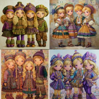 请根据原作参考画与文字描述，生成一张偏写实画风图片，图片中有四位秘鲁风塔吉克族金发紫瞳小女孩与金发紫瞳美少男，画面总体色调鲜艳明亮，他们所有人发色都是金黄秀发，眼色都是紫色瞳孔，他们脸型分别为瓜子脸、方形脸、菱形脸、鹅蛋脸，他们发型分别为妹妹头、长卷发、大背头、单马尾，他们眼睛硕大纯净，眼神明亮，五官纤细，她们肤色分别是金黄色、浅棕色，她们保留了安第斯原住民的五官、气质、发型、眼神，显得唯美温柔清秀，元气活泼，阳光可爱，他们中没有任何除安第斯原住民之外的人种存在，他们穿戴着如文字描述所示华丽复杂之百褶连衣短裙及连衣长裤与裙子、裤子纹理变幻而来的过膝丝袜及裙子形状变幻而来的奇形怪状帽子，画面中不得存在任何其他人物，背景也不能为单色块构图，背景中存在美食变化而成之建筑，裙子皆显奇异古怪构造，金发紫瞳女孩、金发紫瞳男孩们为全身造型构图，他们完整地露出全身像身姿，从女孩子与男孩子之头顶一直表现到金发紫瞳女孩子与金发紫瞳男孩子之腿脚及脚底鞋子。原文：一件如小礼帽般之小裙子，裙顶为一艘紫绿色、青黄色、白蓝色三角形尖顶塔状舟船，这艘三角形尖顶塔状舟船，有着岩浆角法杖状舷首，蘑菇雁塔态左艏舷，附魔渔网态右艏舷，水渠桥塔状左正横，浮空岛链状右正横，左艉舷呈辐射投石索形，右艉舷呈天体星环形，舟船艇尾有着泥头巫师塔形状；裙身呈现出辐射卷筒状针头锤载具形状，这辆针头锤载具，外貌上拥有紫红色三角锥梯形车顶，绿色回心卷筒、红色环状卷轴、青色卷拉玉盘形状交错平行应运而成之车身，后车厢有着藕合腾林型差分齿轮堆形态，驾驶室形状为一种青蓝色、紫蓝色、红绿色七星锁四角链形制针头锤，车体车轮形状为铁锤轮刑架与堡礁凉亭角交叉缠绕之形态，裙摆则是为木黄色、晶蓝色、水绿色木管乐器交叉曲环形状构造，帽围左侧，中测，右侧，分别为一只星星状管号角，栅栏吹箭状长笛，切分棚架态三角排箫；裙包是一座倒三角形卷曲竹笋鼓，鼓面上绘制有一颗闪亮爱心被印满碎心荆棘图案之拳头拳击变为龙卷风之心的华丽图腾。那些金发紫瞳美少女、美少男，都长着金黄秀发，紫色瞳孔，且每一个体五官之间全然不同，看得出来是不同人，背景不能是黑洞洞一片或单色构造！