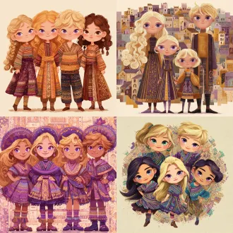 请根据原作参考画与文字描述，生成一张半写实画风图片，图片中有四位秘鲁克丘亚族金发紫瞳小女孩与金发紫瞳美少男，画面总体色调鲜艳明亮，他们所有人发色都是金黄秀发，眼色都是紫色瞳孔，他们脸型分别为瓜子脸、方形脸、菱形脸、鹅蛋脸，他们发型分别为妹妹头、长卷发、大背头、单马尾，他们眼睛硕大纯净，眼神明亮，五官纤细，她们肤色分别是金黄色、浅棕色，她们保留了安第斯原住民的五官、气质、发型、眼神，显得唯美温柔清秀，元气活泼，阳光可爱，他们中没有任何除安第斯原住民之外的人种存在，他们穿戴着如文字描述所示华丽复杂之百褶连衣短裙及连衣长裤与裙子、裤子纹理变幻而来的过膝丝袜及裙子形状变幻而来的奇形怪状帽子，画面中不得存在任何其他人物，背景也不能为单色块构图，背景中存在美食变化而成之建筑，裙子皆显奇异古怪构造，金发紫瞳女孩、金发紫瞳男孩们为全身造型构图，他们完整地露出全身像身姿，从女孩子与男孩子之头顶一直表现到金发紫瞳女孩子与金发紫瞳男孩子之腿脚及脚底鞋子。原文：一件如小礼帽般之小裙子，裙顶为一艘紫绿色、青黄色、白蓝色三角形尖顶塔状舟船，这艘三角形尖顶塔状舟船，有着岩浆角法杖状舷首，蘑菇雁塔态左艏舷，附魔渔网态右艏舷，水渠桥塔状左正横，浮空岛链状右正横，左艉舷呈辐射投石索形，右艉舷呈天体星环形，舟船艇尾有着泥头巫师塔形状；裙身呈现出辐射卷筒状针头锤载具形状，这辆针头锤载具，外貌上拥有紫红色三角锥梯形车顶，绿色回心卷筒、红色环状卷轴、青色卷拉玉盘形状交错平行应运而成之车身，后车厢有着藕合腾林型差分齿轮堆形态，驾驶室形状为一种青蓝色、紫蓝色、红绿色七星锁四角链形制针头锤，车体车轮形状为铁锤轮刑架与堡礁凉亭角交叉缠绕之形态，裙摆则是为木黄色、晶蓝色、水绿色木管乐器交叉曲环形状构造，帽围左侧，中测，右侧，分别为一只星星状管号角，栅栏吹箭状长笛，切分棚架态三角排箫；裙包是一座倒三角形卷曲竹笋鼓，鼓面上绘制有一颗闪亮爱心被印满碎心荆棘图案之拳头拳击变为龙卷风之心的华丽图腾。那些金发紫瞳美少女、美少男，都长着金黄秀发，紫色瞳孔，且每一个体五官之间全然不同，看得出来是不同人，背景不能是黑洞洞一片或单色构造！