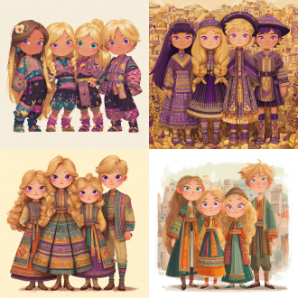 请根据原作参考画与文字描述，生成一张半写实画风图片，图片中有四位秘鲁克丘亚族金发紫瞳小女孩与金发紫瞳美少男，画面总体色调鲜艳明亮，他们所有人发色都是金黄秀发，眼色都是紫色瞳孔，他们脸型分别为瓜子脸、方形脸、菱形脸、鹅蛋脸，他们发型分别为妹妹头、长卷发、大背头、单马尾，他们眼睛硕大纯净，眼神明亮，五官纤细，她们肤色分别是金黄色、浅棕色，她们保留了安第斯原住民的五官、气质、发型、眼神，显得唯美温柔清秀，元气活泼，阳光可爱，他们中没有任何除安第斯原住民之外的人种存在，他们穿戴着如文字描述所示华丽复杂之百褶连衣短裙及连衣长裤与裙子、裤子纹理变幻而来的过膝丝袜及裙子形状变幻而来的奇形怪状帽子，画面中不得存在任何其他人物，背景也不能为单色块构图，背景中存在美食变化而成之建筑，裙子皆显奇异古怪构造，金发紫瞳女孩、金发紫瞳男孩们为全身造型构图，他们完整地露出全身像身姿，从女孩子与男孩子之头顶一直表现到金发紫瞳女孩子与金发紫瞳男孩子之腿脚及脚底鞋子。原文：一件如小礼帽般之小裙子，裙顶为一艘紫绿色、青黄色、白蓝色三角形尖顶塔状舟船，这艘三角形尖顶塔状舟船，有着岩浆角法杖状舷首，蘑菇雁塔态左艏舷，附魔渔网态右艏舷，水渠桥塔状左正横，浮空岛链状右正横，左艉舷呈辐射投石索形，右艉舷呈天体星环形，舟船艇尾有着泥头巫师塔形状；裙身呈现出辐射卷筒状针头锤载具形状，这辆针头锤载具，外貌上拥有紫红色三角锥梯形车顶，绿色回心卷筒、红色环状卷轴、青色卷拉玉盘形状交错平行应运而成之车身，后车厢有着藕合腾林型差分齿轮堆形态，驾驶室形状为一种青蓝色、紫蓝色、红绿色七星锁四角链形制针头锤，车体车轮形状为铁锤轮刑架与堡礁凉亭角交叉缠绕之形态，裙摆则是为木黄色、晶蓝色、水绿色木管乐器交叉曲环形状构造，帽围左侧，中测，右侧，分别为一只星星状管号角，栅栏吹箭状长笛，切分棚架态三角排箫；裙包是一座倒三角形卷曲竹笋鼓，鼓面上绘制有一颗闪亮爱心被印满碎心荆棘图案之拳头拳击变为龙卷风之心的华丽图腾。那些金发紫瞳美少女、美少男，都长着金黄秀发，紫色瞳孔，且每一个体五官之间全然不同，看得出来是不同人，背景不能是黑洞洞一片或单色构造！