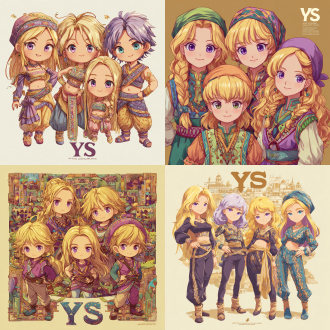 请根据原作参考画与文字描述，生成一张半写实卡通画风图片，画风采用falcom知名游戏系列《伊苏》之画风，图片中有四位智利马普切族金发紫瞳小女孩与金发紫瞳美少男，画面总体色调鲜艳明亮，他们所有人发色都是金黄秀发，眼色都是紫色瞳孔，他们脸型分别为瓜子脸、方形脸、菱形脸、鹅蛋脸，他们发型分别为妹妹头、长卷发、大背头、单马尾，他们眼睛硕大纯净，眼神明亮，五官纤细，她们肤色分别是金黄色、浅棕色，她们保留了安第斯原住民的五官、气质、发型、眼神，显得唯美温柔清秀，元气活泼，阳光可爱，他们中没有任何除安第斯原住民之外的人种存在，他们穿戴着如文字描述所示华丽复杂之百褶连衣短裙及连衣长裤与裙子、裤子纹理变幻而来的过膝丝袜及裙子形状变幻而来的奇形怪状帽子，画面中不得存在任何其他人物，背景也不能为单色块构图，背景中存在美食变化而成之建筑，裙子皆显奇异古怪构造，金发紫瞳女孩、金发紫瞳男孩们为全身造型构图，他们完整地露出全身像身姿，从女孩子与男孩子之头顶一直表现到金发紫瞳女孩子与金发紫瞳男孩子之腿脚及脚底鞋子。原文：一件如小礼帽般之小裙子，裙顶为一艘紫绿色、青黄色、白蓝色三角形尖顶塔状舟船，这艘三角形尖顶塔状舟船，有着岩浆角法杖状舷首，蘑菇雁塔态左艏舷，附魔渔网态右艏舷，水渠桥塔状左正横，浮空岛链状右正横，左艉舷呈辐射投石索形，右艉舷呈天体星环形，舟船艇尾有着泥头巫师塔形状；裙身呈现出辐射卷筒状针头锤载具形状，这辆针头锤载具，外貌上拥有紫红色三角锥梯形车顶，绿色回心卷筒、红色环状卷轴、青色卷拉玉盘形状交错平行应运而成之车身，后车厢有着藕合腾林型差分齿轮堆形态，驾驶室形状为一种青蓝色、紫蓝色、红绿色七星锁四角链形制针头锤，车体车轮形状为铁锤轮刑架与堡礁凉亭角交叉缠绕之形态，裙摆则是为木黄色、晶蓝色、水绿色木管乐器交叉曲环形状构造，帽围左侧，中测，右侧，分别为一只星星状管号角，栅栏吹箭状长笛，切分棚架态三角排箫；裙包是一座倒三角形卷曲竹笋鼓，鼓面上绘制有一颗闪亮爱心被印满碎心荆棘图案之拳头拳击变为龙卷风之心的华丽图腾。那些金发紫瞳美少女、美少男，都长着金黄秀发，紫色瞳孔，且每一个体五官之间全然不同，看得出来是不同人，背景不能是黑洞洞一片或单色构造！