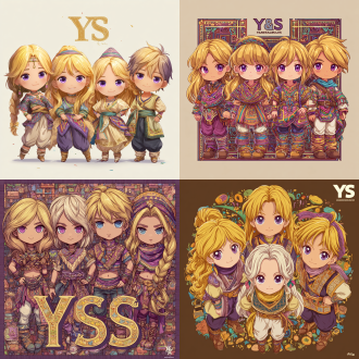 请根据原作参考画与文字描述，生成一张半写实卡通画风图片，画风采用falcom知名游戏系列《伊苏》之画风，图片中有四位秘鲁克丘亚族金发紫瞳小女孩与金发紫瞳美少男，画面总体色调鲜艳明亮，他们所有人发色都是金黄秀发，眼色都是紫色瞳孔，他们脸型分别为瓜子脸、方形脸、菱形脸、鹅蛋脸，他们发型分别为妹妹头、长卷发、大背头、单马尾，他们眼睛硕大纯净，眼神明亮，五官纤细，她们肤色分别是金黄色、浅棕色，她们保留了安第斯原住民的五官、气质、发型、眼神，显得唯美温柔清秀，元气活泼，阳光可爱，他们中没有任何除安第斯原住民之外的人种存在，他们穿戴着如文字描述所示华丽复杂之百褶连衣短裙及连衣长裤与裙子、裤子纹理变幻而来的过膝丝袜及裙子形状变幻而来的奇形怪状帽子，画面中不得存在任何其他人物，背景也不能为单色块构图，背景中存在美食变化而成之建筑，裙子皆显奇异古怪构造，金发紫瞳女孩、金发紫瞳男孩们为全身造型构图，他们完整地露出全身像身姿，从女孩子与男孩子之头顶一直表现到金发紫瞳女孩子与金发紫瞳男孩子之腿脚及脚底鞋子。原文：一件如小礼帽般之小裙子，裙顶为一艘紫绿色、青黄色、白蓝色三角形尖顶塔状舟船，这艘三角形尖顶塔状舟船，有着岩浆角法杖状舷首，蘑菇雁塔态左艏舷，附魔渔网态右艏舷，水渠桥塔状左正横，浮空岛链状右正横，左艉舷呈辐射投石索形，右艉舷呈天体星环形，舟船艇尾有着泥头巫师塔形状；裙身呈现出辐射卷筒状针头锤载具形状，这辆针头锤载具，外貌上拥有紫红色三角锥梯形车顶，绿色回心卷筒、红色环状卷轴、青色卷拉玉盘形状交错平行应运而成之车身，后车厢有着藕合腾林型差分齿轮堆形态，驾驶室形状为一种青蓝色、紫蓝色、红绿色七星锁四角链形制针头锤，车体车轮形状为铁锤轮刑架与堡礁凉亭角交叉缠绕之形态，裙摆则是为木黄色、晶蓝色、水绿色木管乐器交叉曲环形状构造，帽围左侧，中测，右侧，分别为一只星星状管号角，栅栏吹箭状长笛，切分棚架态三角排箫；裙包是一座倒三角形卷曲竹笋鼓，鼓面上绘制有一颗闪亮爱心被印满碎心荆棘图案之拳头拳击变为龙卷风之心的华丽图腾。那些金发紫瞳美少女、美少男，都长着金黄秀发，紫色瞳孔，且每一个体五官之间全然不同，看得出来是不同人，背景不能是黑洞洞一片或单色构造！