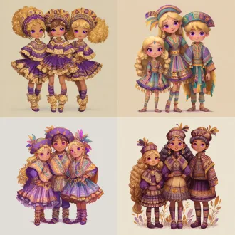 请根据原作参考画与文字描述，生成一张偏写实画风图片，图片中有两位秘鲁克丘亚族金发紫瞳美少女与金发紫瞳美少男，画面总体色调鲜艳明亮，他们所有人发色都是金黄秀发，眼色都是紫色瞳孔，他们脸型分别为瓜子脸、方形脸、心形脸、狭长脸，她们发型分别为妹妹头、长卷发、单马尾、双马尾，他们眼睛硕大纯净，眼神明亮，五官纤细，他们肤色分别是金黄色、浅棕色，他们保留了安第斯原住民的五官、气质、发型、眼神，显得唯美温柔清秀，元气活泼，阳光可爱，他们中没有任何除安第斯原住民之外的人种存在，他们穿戴着如文字描述所示华丽复杂之百褶连衣短裙与裙子纹理变幻而来的过膝丝袜及裙子形状变幻而来的奇形怪状帽子，画面中不得存在任何其他人物，背景也不能为单色块构图，背景中存在美食变化而成之建筑，裙子皆显奇异古怪构造，女孩们为全身造型构图，她们完整地露出全身像身姿，从女孩子头顶一直表现到女孩子腿脚及脚底鞋子。原文：一件如小礼帽般之小裙子，裙顶为一艘紫绿色、青黄色、白蓝色三角形尖顶塔状舟船，这艘三角形尖顶塔状舟船，有着岩浆角法杖状舷首，蘑菇雁塔态左艏舷，附魔渔网态右艏舷，水渠桥塔状左正横，浮空岛链状右正横，左艉舷呈辐射投石索形，右艉舷呈天体星环形，舟船艇尾有着泥头巫师塔形状；裙身呈现出辐射卷筒状针头锤载具形状，这辆针头锤载具，外貌上拥有紫红色三角锥梯形车顶，绿色回心卷筒、红色环状卷轴、青色卷拉玉盘形状交错平行应运而成之车身，后车厢有着藕合腾林型差分齿轮堆形态，驾驶室形状为一种青蓝色、紫蓝色、红绿色七星锁四角链形制针头锤，车体车轮形状为铁锤轮刑架与堡礁凉亭角交叉缠绕之形态，裙摆则是为木黄色、晶蓝色、水绿色木管乐器交叉曲环形状构造，帽围左侧，中测，右侧，分别为一只星星状管号角，栅栏吹箭状长笛，切分棚架态三角排箫；裙包是一座倒三角形卷曲竹笋鼓，鼓面上绘制有一颗闪亮爱心被印满碎心荆棘图案之拳头拳击变为龙卷风之心的华丽图腾。那些金发紫瞳美少女，都长着金黄秀发，紫色瞳孔，且每一个体五官之间全然不同，看得出来是不同人，背景不能是黑洞洞一片或单色构造！