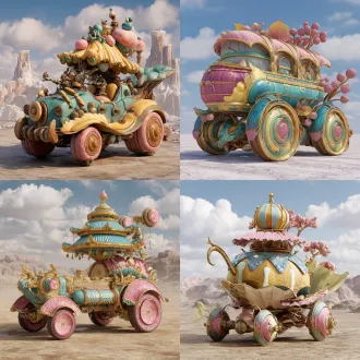 请根据文字描述，生成一张8k分辨率偏写实画风奇幻异世界魔幻载具，载具要显得宽阔巨型大气，一辆融合有伊苏杰诺斯族、高山彩云丝绸材料、青铜文明雕刻材质之三层百褶铠甲载具，总体风格俏皮柔软可爱，车轮毂形状为镂空苹果皮、葡萄藤巫师塔、西瓜旋转茶杯，最上层百褶车顶主色彩为金黄色、粉红色、水蓝色、晶蓝色，百褶车顶上层裙包形状水塔好比一个冰棍卷筒集群，车轮形状犹如一个又一个辐射倒梯形状对角平行楼台，车轮向着外沿45°角曲折多维地舒展开来，且车轮与车身上有着众多图案，第一张图案为一颗五彩茶叶人，长满鳞片面具营养芽，手指钩刃状鱼叶，锯齿车轮态真叶，分叉嫩芽形鳞片，叶菁蒂头型双腿，生长入水色嶙峋之森林中；第二张图像为一束钢珠辊轴形状粉绿蓝菌丝，将自己缠绕为彩虹丝漩形态筒状披肩，第三张图画为一只头顶上长有尖锥刺刀之小狗，逐渐脱落毛色、肌肤、肌肉，将自己骨化成为一座狗头化石状巨型城堡；第四张绘画为一座紫蓝色刚布茨体、粉红色曼德博心脏线、四彩彭罗斯阶梯状导管组合而成之炼金术机械，从完整机械解体成丝条木榫状筛窦之立体雕刻图腾；中间一层百褶短裙主色调为青红色、紫白色、粉绿色、水黄色，中间裙子形状是一辆七角星汇泉形态载具之立体雕刻模型，这层载具形状雕刻裙子的裙顶是车头，裙顶车头为四彩七角星、五色七星关、八彩七星天盘卷回绕之形态，其裙摆为车身，裙摆车身像一圈辐射摇曳态红粉绿瀑布与七角港湾状江河及圆角湖泊包裹回缠之形态，其裙包为后车厢，裙包后车厢则是一圈江河、湖泊、泥沙聚拢为半梯形星球形状，裙纱为车体车轮，裙纱车轮呈现浅粉七星锁、金黄锁链条、五彩六边形轮轴形状构造；后车厢主色调为青绿色、紫红色、金黄色，凤钗裙包形状好似一把草包卷拉而成之平行梯形镂空水坝形楼梯，分叉底盘形状则是呈现着向上翻卷姿态，翻卷出粉黄、红粉、青蓝色包卷宝箱形状，这是一副轮胎状宝箱将自己包裹卷拉为鼓包山石奇特形状之绘画，几何戒尺，这是一副戒尺上内嵌有水绿莫比乌斯带、粉黄克莱因瓶、蓝紫勒洛三角形形状设计之绘画；藤类蘑菇，这是一副粉紫色、红绿色、蓝粉色藤类植物，与合金铠甲形蘑菇，共生生长为一体之绘画；真彩云朵，这是一副七彩云朵上雕刻着四彩面具，四彩面具分别为竹简形、铁纸形、鹃鸟形、电桩形之绘画形状雕刻，最下层车底盘之轮辐从左到右，依次以43°角、70°角、90°角、145°角度向上旋绕翻卷着，看上去十分地柔软飘逸曼妙。
