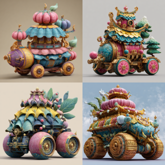 请根据文字描述，生成一张8k分辨率偏写实画风奇幻异世界魔幻载具，载具要显得宽阔巨型大气，一辆融合有伊苏杰诺斯族、高山彩云丝绸材料、青铜文明雕刻材质之三层百褶铠甲载具，总体风格俏皮柔软可爱，车轮毂形状为镂空苹果皮、葡萄藤巫师塔、西瓜旋转茶杯，最上层百褶车顶主色彩为金黄色、粉红色、水蓝色、晶蓝色，百褶车顶上层裙包形状水塔好比一个冰棍卷筒集群，车轮形状犹如一个又一个辐射倒梯形状对角平行楼台，车轮向着外沿45°角曲折多维地舒展开来，且车轮与车身上有着众多图案，第一张图案为一颗五彩茶叶人，长满鳞片面具营养芽，手指钩刃状鱼叶，锯齿车轮态真叶，分叉嫩芽形鳞片，叶菁蒂头型双腿，生长入水色嶙峋之森林中；第二张图像为一束钢珠辊轴形状粉绿蓝菌丝，将自己缠绕为彩虹丝漩形态筒状披肩，第三张图画为一只头顶上长有尖锥刺刀之小狗，逐渐脱落毛色、肌肤、肌肉，将自己骨化成为一座狗头化石状巨型城堡；第四张绘画为一座紫蓝色刚布茨体、粉红色曼德博心脏线、四彩彭罗斯阶梯状导管组合而成之炼金术机械，从完整机械解体成丝条木榫状筛窦之立体雕刻图腾；中间一层百褶短裙主色调为青红色、紫白色、粉绿色、水黄色，中间裙子形状是一辆七角星汇泉形态载具之立体雕刻模型，这层载具形状雕刻裙子的裙顶是车头，裙顶车头为四彩七角星、五色七星关、八彩七星天盘卷回绕之形态，其裙摆为车身，裙摆车身像一圈辐射摇曳态红粉绿瀑布与七角港湾状江河及圆角湖泊包裹回缠之形态，其裙包为后车厢，裙包后车厢则是一圈江河、湖泊、泥沙聚拢为半梯形星球形状，裙纱为车体车轮，裙纱车轮呈现浅粉七星锁、金黄锁链条、五彩六边形轮轴形状构造；后车厢主色调为青绿色、紫红色、金黄色，凤钗裙包形状好似一把草包卷拉而成之平行梯形镂空水坝形楼梯，分叉底盘形状则是呈现着向上翻卷姿态，翻卷出粉黄、红粉、青蓝色包卷宝箱形状，这是一副轮胎状宝箱将自己包裹卷拉为鼓包山石奇特形状之绘画，几何戒尺，这是一副戒尺上内嵌有水绿莫比乌斯带、粉黄克莱因瓶、蓝紫勒洛三角形形状设计之绘画；藤类蘑菇，这是一副粉紫色、红绿色、蓝粉色藤类植物，与合金铠甲形蘑菇，共生生长为一体之绘画；真彩云朵，这是一副七彩云朵上雕刻着四彩面具，四彩面具分别为竹简形、铁纸形、鹃鸟形、电桩形之绘画形状雕刻，最下层车底盘之轮辐从左到右，依次以43°角、70°角、90°角、145°角度向上旋绕翻卷着，看上去十分地柔软飘逸曼妙。