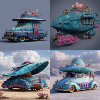 请根据文字描述，生成一张8k分辨率偏写实画风奇幻异世界魔幻载具，载具要显得宽阔巨型大气，画面构图为广景远景视角，一辆艾德莱斯丝绸孔雀眼花纹式秘鲁库斯科克丘亚族少女毡帽形状载具，载具色调以华丽鲜艳之青蓝色、红绿色、水蓝色、紫白色，交错相间，杂糅而成，驾驶室那锅盖形头顶部位里，置放着一张卷筒藤蔓状彩色斗篷及空心水晶质复活节彩蛋，毡帽短裙创业史呢左侧，悬挂有一块粉红色艾德莱斯丝绸，后车厢右侧魔导机械，挂载着一张羌族刺绣风龙鳞状卷尺，车身底盘后方飞挂有许多海绵态七彩六色花朵，车前盖上还有一件衣领形态短裙，为风花雪月彩色白族刺绣风，车顶上身有一件哈萨克族莲花玉盘花纹形状螺丝钻，下身为一种由仡佬族紫白色蜂巢状筒裙、哈萨克青蓝色荷叶边连衣裙、贵州惠水苗族紫蓝色百褶铠甲、还有青蓝色仡佬族无褶羽毛筒裙，四件裙装交织盘卷复合而成之跨文化卷筒短裙，短裙腿套一张吐蕃牦牛角、羌族羊头、羊毛棉布、彩虹太阳形状交织形成之水晶质丝袜，卷筒短裙车轮上还绑着抽拉卷轴式波斯挂毯形状轮辐。