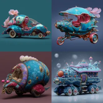 请根据文字描述，生成一张8k分辨率奇幻异世界风高层载具，高层魔幻载具风格鲜艳明亮、七彩六色、华丽复杂、曲折优雅、活泼可爱、立体明晰、天马行空、空灵玄妙、魔幻神奇、工艺精巧、科技卓绝、变形姿态，尽显古怪奇异华丽构造，载具要显得宽阔巨型大气，画面构图为广景远景视角，原文：，一辆艾德莱斯丝绸孔雀眼花纹式秘鲁库斯科克丘亚族少女毡帽形状载具，载具色调以华丽鲜艳之青蓝色、红绿色、水蓝色、紫白色，交错相间，杂糅而成，驾驶室那锅盖形头顶部位里，置放着一张卷筒藤蔓状彩色斗篷及空心水晶质复活节彩蛋，毡帽短裙创业史呢左侧，悬挂有一块粉红色艾德莱斯丝绸，后车厢右侧魔导机械，挂载着一张羌族刺绣风龙鳞状卷尺，车身底盘后方飞挂有许多海绵态七彩六色花朵，车前盖上还有一件衣领形态短裙，为风花雪月彩色白族刺绣风，车顶上身有一件哈萨克族莲花玉盘花纹形状螺丝钻，下身为一种由仡佬族紫白色蜂巢状筒裙、哈萨克青蓝色荷叶边连衣裙、贵州惠水苗族紫蓝色百褶铠甲、还有青蓝色仡佬族无褶羽毛筒裙，四件裙装交织盘卷复合而成之跨文化卷筒短裙，短裙腿套一张吐蕃牦牛角、羌族羊头、羊毛棉布、彩虹太阳形状交织形成之水晶质丝袜，卷筒短裙车轮上还绑着抽拉卷轴式波斯挂毯形状轮辐。