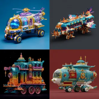 请根据文字描述，生成一张8k分辨率中世纪异世界风高层魔幻载具，高层魔幻载具风格鲜艳明亮、七彩六色、华丽复杂、曲折优雅、活泼可爱、立体明晰、天马行空、空灵玄妙、魔幻神奇、工艺精巧、科技卓绝、变形姿态，尽显古怪奇异华丽构造，载具要显得宽阔巨型大气，画面构图为广景远景视角，原文：一辆魔导载具，驾驶室形状为一件拜占庭花纹样、拜占庭马赛克瓷砖式拉脱维亚篝火，车顶右侧悬挂着一件菲律宾伊福高族水晶短裙，腰身部位为一件鲜艳华丽修长宏大曲折之星际文明风女式苏格兰短裙，短裙分为不同区域，裙子整体造型鲜艳明亮、七彩六色、华丽复杂、曲折优雅、活泼可爱，载具的上腰部位造型融合东南亚傣族筒裙造型，后车厢左侧皱褶融合老挝苗族短裙风格，其车身中侧花纹融合泰国苗族百褶短裙元素，其车盖右侧几何形状融合越南沙巴县黑苗族少女短裙要素，这件载具的底盘、车轮部位融合有菲律宾丁岗族短裙之几何形状及花纹造型，车辆造型还融合融合有（星际争霸人族的泰伦联邦、泰伦帝国、尤摩扬王国、凯莫瑞安联合体、地球联合理事会ued）艺术风格造型要素，在这身融合有众民族女性短裙的花纹、形状、造型、款式风格的超华丽车身之下，还悬挂有一张可爱及膝袜形状铠甲，及膝袜铠甲上雕刻着粉红色水族短裙，绿油色哈尼族短裙、亚马逊印第安人式纤维短裙之模型图案，及膝袜形短裙甲上捆绑着一双塔吉克筒裙式公主鞋。