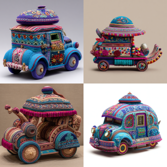 请根据文字描述，生成一张8k分辨率偏写实画风中世纪奇幻异世界魔幻载具，奇幻载具要显得宽阔巨型大气，画面构图为广景远景视角，魔幻载具风格鲜艳明亮、七彩六色、华丽复杂、曲折优雅、活泼可爱、立体明晰、天马行空、空灵玄妙、魔幻神奇、工艺精巧、科技卓绝、变形姿态，尽显古怪奇异华丽构造，原文：一辆艾德莱斯丝绸孔雀眼花纹式秘鲁库斯科克丘亚族少女毡帽形状载具，载具色调以华丽鲜艳之青蓝色、红绿色、水蓝色、紫白色，交错相间，杂糅而成，驾驶室那锅盖形头顶部位里，置放着一张卷筒藤蔓状彩色斗篷及空心水晶质复活节彩蛋，毡帽短裙创业史呢左侧，悬挂有一块粉红色艾德莱斯丝绸，后车厢右侧魔导机械，挂载着一张羌族刺绣风龙鳞状卷尺，车身底盘后方飞挂有许多海绵态七彩六色花朵，车前盖上还有一件衣领形态短裙，为风花雪月彩色白族刺绣风，车顶上身有一件哈萨克族莲花玉盘花纹形状螺丝钻，下身为一种由仡佬族紫白色蜂巢状筒裙、哈萨克青蓝色荷叶边连衣裙、贵州惠水苗族紫蓝色百褶铠甲、还有青蓝色仡佬族无褶羽毛筒裙，四件裙装交织盘卷复合而成之跨文化卷筒短裙，短裙腿套一张吐蕃牦牛角、羌族羊头、羊毛棉布、彩虹太阳形状交织形成之水晶质丝袜，卷筒短裙车轮上还绑着抽拉卷轴式波斯挂毯形状轮辐。