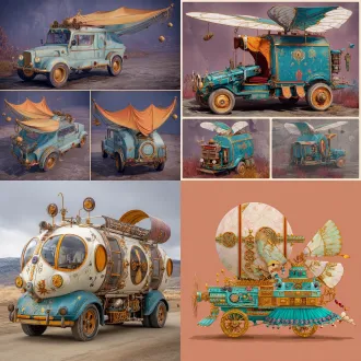 请根据文字描述，生成一张8k分辨率偏写实画风上古时代异世界原始部落风魔幻载具，奇幻部落载具要显得宽阔巨型大气，画面构图为广景远景视角，魔幻载具风格鲜艳明亮、七彩六色、华丽复杂、曲折优雅、活泼可爱、立体明晰、天马行空、空灵玄妙、魔幻神奇、工艺精巧、科技卓绝、变形姿态，尽显古怪奇异华丽构造，背景不能黑洞洞一片和是为单色构造，背景充满美食变幻而成的古怪建筑。原文：一辆有哈萨克花纹、柯尔克孜图案、三星堆图腾、秘鲁可哈峡谷文化交错复合之菱形风轮裙载具，这辆载具自身形状设计，正是借鉴于菲尔盖纳特产魔法昆虫身上星球状器官、滑翔水晶气囊、轻薄藤蔓状翅膀；正因如此，这种形制肥厚宽大如灯笼形面包，却又轻捷逸散如筒状蝉翼之载具，其造型之所以宛若一种魔法昆虫仿生设计风轮，其首要目的也是为了将风轮，视为一种随身风筝、翅膀，穿搭在载具底盘上，自若使用，驾驶室间杂有金黄色空心卷轴、橙红色翼状裙管、米蓝色回旋形裙撑、青绿色走廊形裙甲、黄白色风轮裙褶结构，后车厢右边还悬挂着一样内部盛放有中亚爆炒手抓饭美食的金黄色祭坛环绕包裹之草原毡房图腾模型，车身底盘悬挂一种推盘，推盘尾含橙黄色莫切族金字塔风、金黑色努比亚鳄鱼图腾、金红色马赛族藤蔓围巾、彩色苗族百褶裙图案、吐蕃彩虹经幡雕刻要素之百褶轮辐，后车厢左侧还舒展着一件外形为冬阴火锅盆雕刻模型的彩色百褶铠甲，这件冬阴火锅盆模型百褶铠甲表面上，满面覆盖着加纳肯特布、马里泥染布、约鲁巴族蓝染布、基诺族日月花饰、老挝苗族刺绣花纹、阿散蒂族几何图形、泰米尔吉祥八宝，相关纹路装饰与几何图案，车身上绘画有豪萨族、富拉尼族、约鲁巴族、伊博族、卡努尼族、伊比比奥族、蒂夫族、伊贾族、埃多族、安南族、努佩族、乌罗博族、伊加拉族、伊多玛族艺术融合风彩虹色壁画，以及星际争霸虫族生物文明风网膜纤毛型推进器。