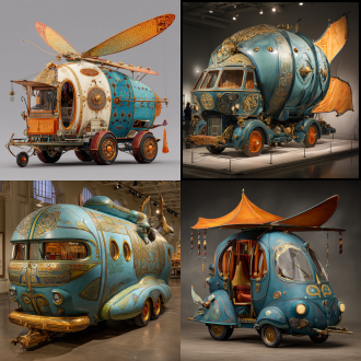 请根据文字描述，生成一张8k分辨率偏写实画风上古时代异世界原始部落风魔幻载具，奇幻部落载具要显得宽阔巨型大气，画面构图为广景远景视角，魔幻载具风格鲜艳明亮、七彩六色、华丽复杂、曲折优雅、活泼可爱、立体明晰、天马行空、空灵玄妙、魔幻神奇、工艺精巧、科技卓绝、变形姿态，尽显古怪奇异华丽构造，背景不能黑洞洞一片和是为单色构造，背景充满美食变幻而成的古怪建筑。原文：一辆有哈萨克花纹、柯尔克孜图案、三星堆图腾、秘鲁可哈峡谷文化交错复合之菱形风轮裙载具，这辆载具自身形状设计，正是借鉴于菲尔盖纳特产魔法昆虫身上星球状器官、滑翔水晶气囊、轻薄藤蔓状翅膀；正因如此，这种形制肥厚宽大如灯笼形面包，却又轻捷逸散如筒状蝉翼之载具，其造型之所以宛若一种魔法昆虫仿生设计风轮，其首要目的也是为了将风轮，视为一种随身风筝、翅膀，穿搭在载具底盘上，自若使用，驾驶室间杂有金黄色空心卷轴、橙红色翼状裙管、米蓝色回旋形裙撑、青绿色走廊形裙甲、黄白色风轮裙褶结构，后车厢右边还悬挂着一样内部盛放有中亚爆炒手抓饭美食的金黄色祭坛环绕包裹之草原毡房图腾模型，车身底盘悬挂一种推盘，推盘尾含橙黄色莫切族金字塔风、金黑色努比亚鳄鱼图腾、金红色马赛族藤蔓围巾、彩色苗族百褶裙图案、吐蕃彩虹经幡雕刻要素之百褶轮辐，后车厢左侧还舒展着一件外形为冬阴火锅盆雕刻模型的彩色百褶铠甲，这件冬阴火锅盆模型百褶铠甲表面上，满面覆盖着加纳肯特布、马里泥染布、约鲁巴族蓝染布、基诺族日月花饰、老挝苗族刺绣花纹、阿散蒂族几何图形、泰米尔吉祥八宝，相关纹路装饰与几何图案，车身上绘画有豪萨族、富拉尼族、约鲁巴族、伊博族、卡努尼族、伊比比奥族、蒂夫族、伊贾族、埃多族、安南族、努佩族、乌罗博族、伊加拉族、伊多玛族艺术融合风彩虹色壁画，以及星际争霸虫族生物文明风网膜纤毛型推进器。