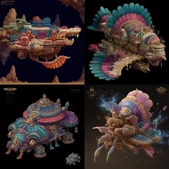 请根据文字描述，生成一张8k分辨率图片，图片画风采用falcom公司知名arpg游戏《伊苏》系列之画 风，画面为一辆上古时代异世界原始部落风与埃及文明风、安第斯文明风，及星际争霸虫族文明和人族文明造型要素，还有《死亡之屋2》生化恐怖风造型，交融流合之奇幻载具，奇幻部落载具要显得宽阔巨型大气，画面构图视角为宽屏广景视角，魔幻载具风格鲜艳明亮、七彩六色、华丽复杂、曲折优雅、活泼可爱、立体明晰、天马行空、空灵玄妙、魔幻神奇、工艺精巧、科技卓绝、变形姿态，尽显古怪奇异华丽构造，背景不能黑洞洞一片和是为单色构造，背景充满青铜机械、晶石浮空岛与美食变幻而成的古怪建筑。原文：一辆秘鲁阿雷基帕市风情拉夫领扇面裙载具，驾驶室主色调为粉绿色、紫蓝色、青黄色、金蓝色、红紫色，往下车腰身部位穿着一件融合有秘鲁库斯科市克丘亚族少女、玻利维亚拉巴斯艾马拉族、巴拉圭瓜拉尼族、哥伦比亚阿尔瓦科族花纹之百褶及膝蓬蓬短裙形铠甲，短裙形铠甲色彩有着粉彩色、彩虹色、闪电式元界蓝、电光晶蓝色、深宝石绿、超音速红、水靛青紫、青绿色、青绿蓝、鲜红色、冰山蓝、粉红色、樱花色、彩虹色，各色梦幻烂漫之重彩色调，百褶车身车床上，画着一座龙卷风发钗形差分楼塔建筑，一位戴着棋盘机关面具之女祭祀，一头彩色斗篷状发簪，一只披着彩蓝色空心机械装甲之半机械土豆精，土豆车。