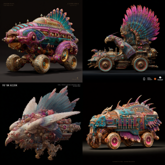 请根据文字描述，生成一张8k分辨率图片，图片画风采用纯写实画风，画面为一辆上古时代异世界原始部落风与埃及文明风、安第斯文明风，及星际争霸虫族文明和人族文明造型要素，还有《死亡之屋2》生化恐怖风造型，交融流合之奇幻载具，奇幻部落载具要显得宽阔巨型大气，画面构图视角为宽屏广景视角，魔幻载具风格鲜艳明亮、七彩六色、华丽复杂、曲折优雅、活泼可爱、立体明晰、天马行空、空灵玄妙、魔幻神奇、工艺精巧、科技卓绝、变形姿态，尽显古怪奇异华丽构造，背景不能黑洞洞一片和是为单色构造，背景充满青铜机械、晶石浮空岛与美食变幻而成的古怪建筑。原文：一辆秘鲁阿雷基帕市风情拉夫领扇面裙载具，驾驶室主色调为粉绿色、紫蓝色、青黄色、金蓝色、红紫色，往下车腰身部位穿着一件融合有秘鲁库斯科市克丘亚族少女、玻利维亚拉巴斯艾马拉族、巴拉圭瓜拉尼族、哥伦比亚阿尔瓦科族花纹之百褶及膝蓬蓬短裙形铠甲，短裙形铠甲色彩有着粉彩色、彩虹色、闪电式元界蓝、电光晶蓝色、深宝石绿、超音速红、水靛青紫、青绿色、青绿蓝、鲜红色、冰山蓝、粉红色、樱花色、彩虹色，各色梦幻烂漫之重彩色调，百褶车身车床上，画着一座龙卷风发钗形差分楼塔建筑，一位戴着棋盘机关面具之女祭祀，一头彩色斗篷状发簪，一只披着彩蓝色空心机械装甲之半机械土豆精，土豆车。