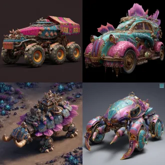 请根据文字描述，生成一张8k分辨率图片，图片画风采用纯写实画风，画面为一辆上古时代异世界原始部落风与埃及文明风、安第斯文明风，及星际争霸虫族文明和人族文明造型要素，交融流合之奇幻载具，奇幻部落载具要显得宽阔巨型大气，画面构图视角为宽屏广景视角，魔幻载具风格鲜艳明亮、七彩六色、华丽复杂、曲折优雅、活泼可爱、立体明晰、天马行空、空灵玄妙、魔幻神奇、工艺精巧、科技卓绝、变形姿态，尽显古怪奇异华丽构造，背景不能黑洞洞一片和是为单色构造，背景充满青铜机械、晶石浮空岛与美食变幻而成的古怪建筑。原文：一辆秘鲁阿雷基帕市风情拉夫领扇面裙载具，驾驶室主色调为粉绿色、紫蓝色、青黄色、金蓝色、红紫色，往下车腰身部位穿着一件融合有秘鲁库斯科市克丘亚族少女、玻利维亚拉巴斯艾马拉族、巴拉圭瓜拉尼族、哥伦比亚阿尔瓦科族花纹之百褶及膝蓬蓬短裙形铠甲，短裙形铠甲色彩有着粉彩色、彩虹色、闪电式元界蓝、电光晶蓝色、深宝石绿、超音速红、水靛青紫、青绿色、青绿蓝、鲜红色、冰山蓝、粉红色、樱花色、彩虹色，各色梦幻烂漫之重彩色调，百褶车身车床上，画着一座龙卷风发钗形差分楼塔建筑，一位戴着棋盘机关面具之女祭祀，一头彩色斗篷状发簪，一只披着彩蓝色空心机械装甲之半机械土豆精，土豆车。